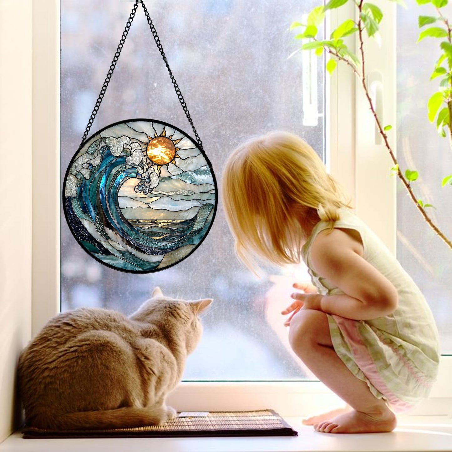 DASTOLL Stained Glass Window Hanging, Blue and White Waves Suncatcher Diamond Glass Panel Landscape Sun Catchers Decor for Birthday for Women, Men, Wife, Aunt, and Mom 6.3 x6.3 in