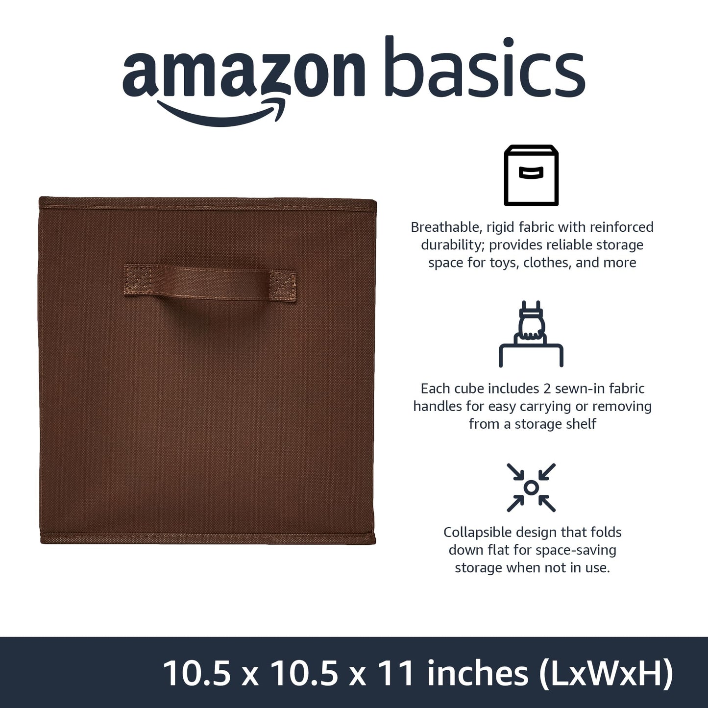 Amazon Basics Collapsible Fabric Storage Bins with Handles, Cube Organizer, Lightweight Fabric, 10.5"x10.5"x11", Brown, 6-Pack
