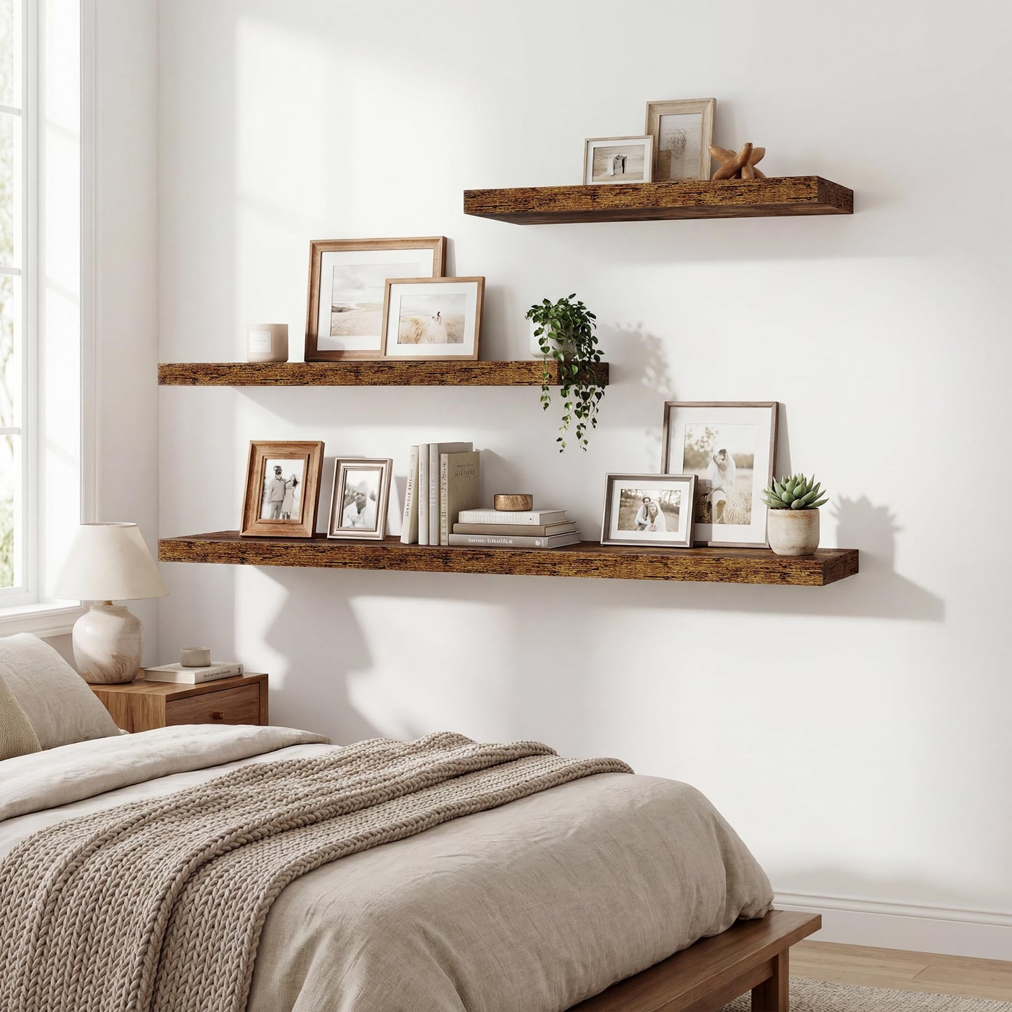 36 Inch Black Floating Shelves for Wall,9.3" Deep Long Floating Shelf Set of 2,Wood Wall Mounted Shelves Farmhouse Home Decor,Wall Storage Shelf for Bathroom Bedroom Living Room Office,Rustic Brown