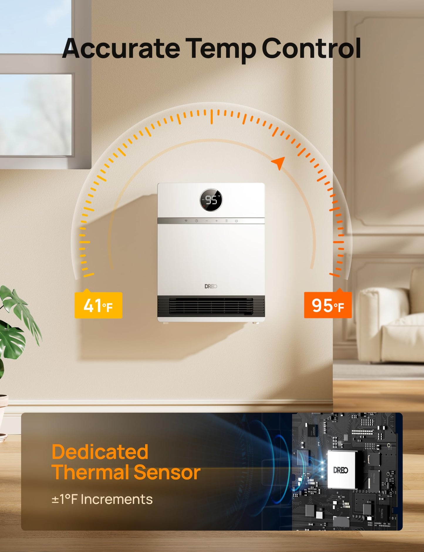 DREO Smart Wall Heater, IP24 Electric PTC Space Heaters for Indoor Use, 30° Oscillation, Adjustable Thermostat, Remote Control, Works with Alexa, 24H Timer, Easy-mounted for Office, Bedroom, Home