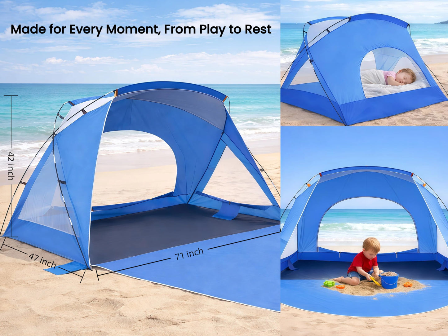 Beach Tent, Portable Sun Shelter for 2/3/4/6-8 Person with UPF 50+ UV Protection, Easy Setup Waterproof Beach Shade Canopy Cabana for Family Outdoor and Picnics, Fishing with Carrying Bag
