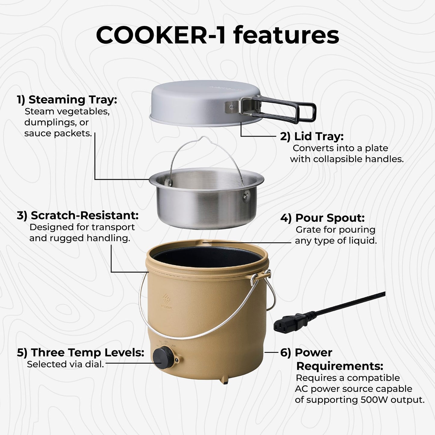 NESTOUT COOKER-1 Electric Cooker 500W Camping Stove, Portable Plug-In for Power Stations, Rice Cooking Mode, 3 Heat Settings, 800ml Capacity, Durable Outdoor Use (Beige)