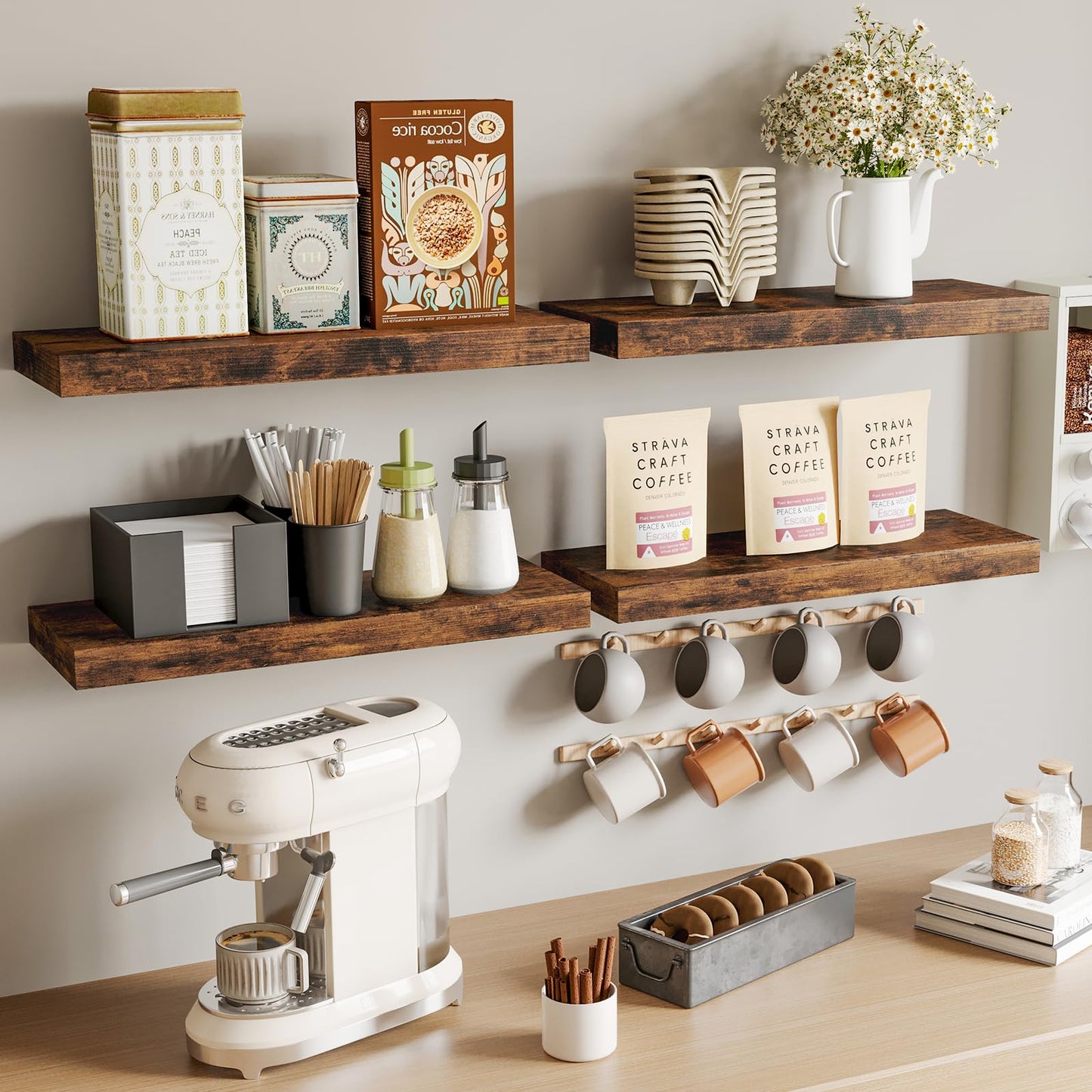 Fixwal Wood Floating Shelves, Wall Shelves Set of 4, Shelves for Wall Decor, with Invisible Brackets for Bathroom, Living Room,Bedroom and Kitchen(Rustic Brown)