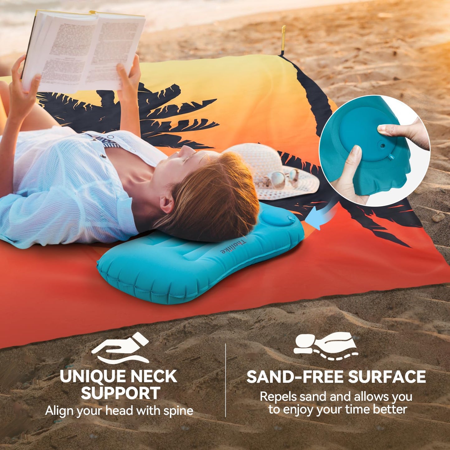 Beach Blanket, Waterproof Sandproof Beach Mat with Stakes and Inflatable Camping Pillow, 79" X 83" Quick Drying Lightweight & Durable Outdoor Picnic Mat with 4 Corner Pockets for Beach Camping