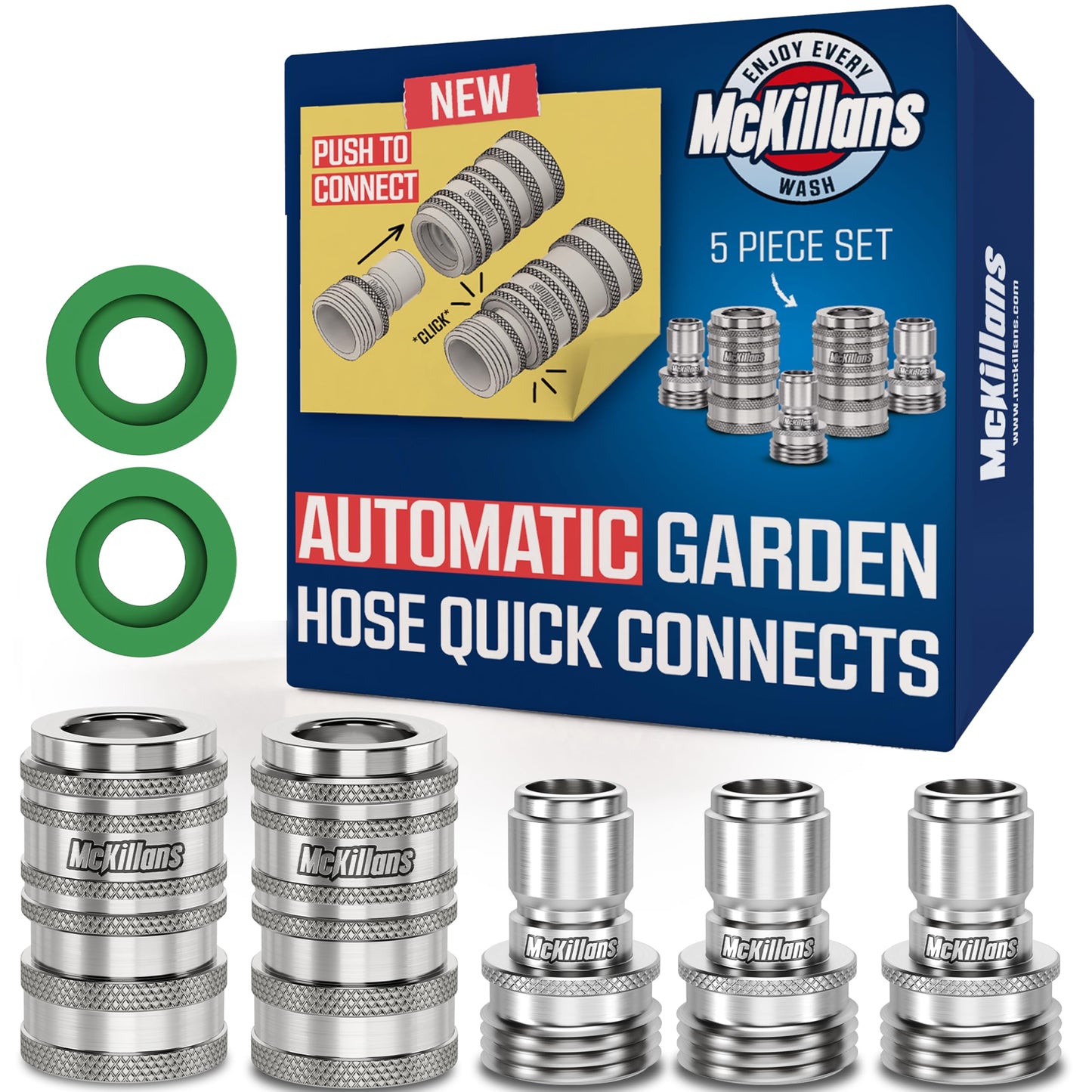 McKillans® 2025 Automatic Garden Hose Quick Connect [UNIVERSAL FIT] - Stainless Steel Quick Connect Hose Fittings - Water Hose Connectors - Quick Disconnect Adapter - INSTANT CONNECTION - 5 Pc Kit