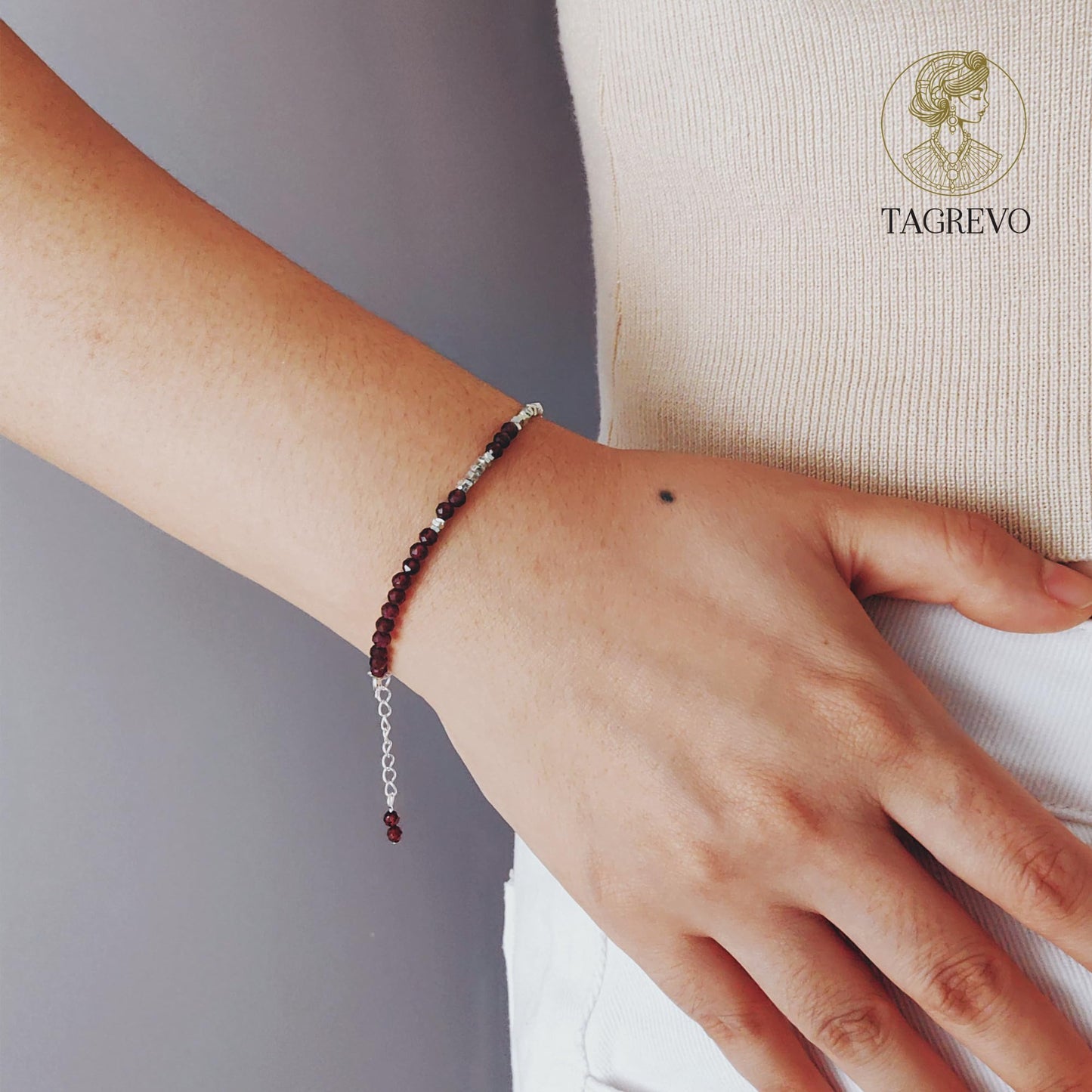TAGREVO Natural Garnet Crystal Cut Bead Bracelet, 925 Silver Faceted Gemstone Jewelry for Women, Handmade Chakra Design Gift for Birthday Christmas Daily Wear