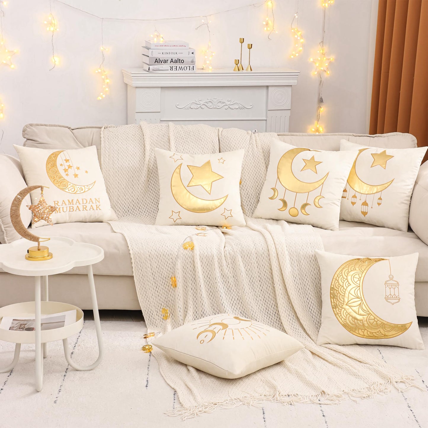 Tosleo Ramadan Lantern Pillow Covers 18x18 inch Set of 2 Beige and Gold Velvet Throw Pillow Covers Ramadan Eid Mubarak Cushion Covers Star and Moon Decorations for Home Couch Sofa Outdoor