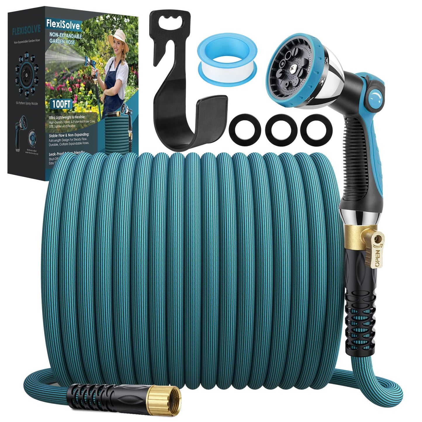 FlexiSolve NON-EXPANDABLE Garden Hose 100 ft, Ultra Lightweight Flexible Water Hose with 10-Pattern Nozzle & Shut-Off Valve, Holder, Leakproof & Kink-Resistant Reinforced Fittings for Yard Outdoor