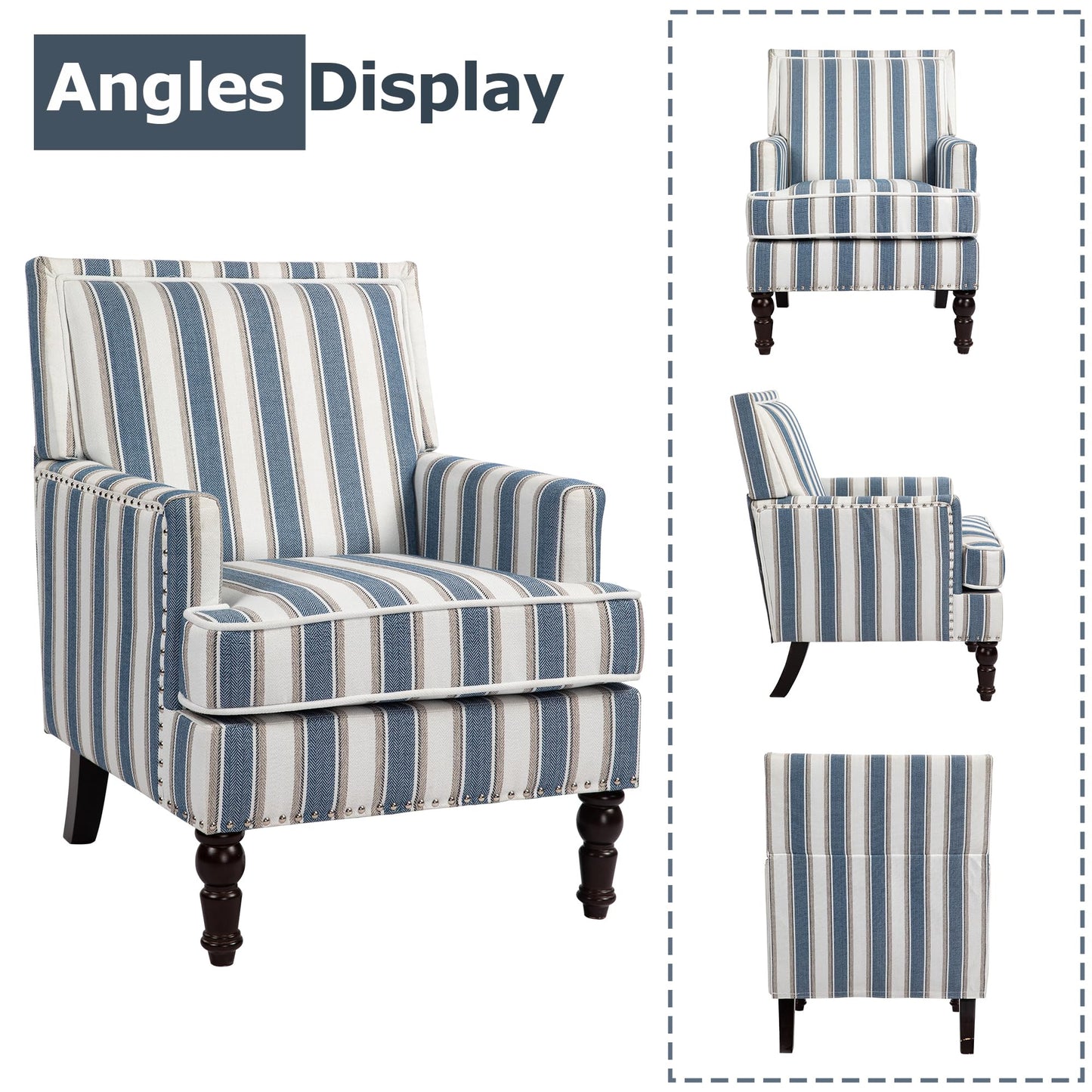 WakeZero Accent Chair, Comfy Cozy Modern Mid-Century Accent Chairs, Linen Upholstered Lounge Arm Chair with Solid Wood Reading Side Padded Single for Living Room/Office/Balcony/Bedroom-Blue Stripe