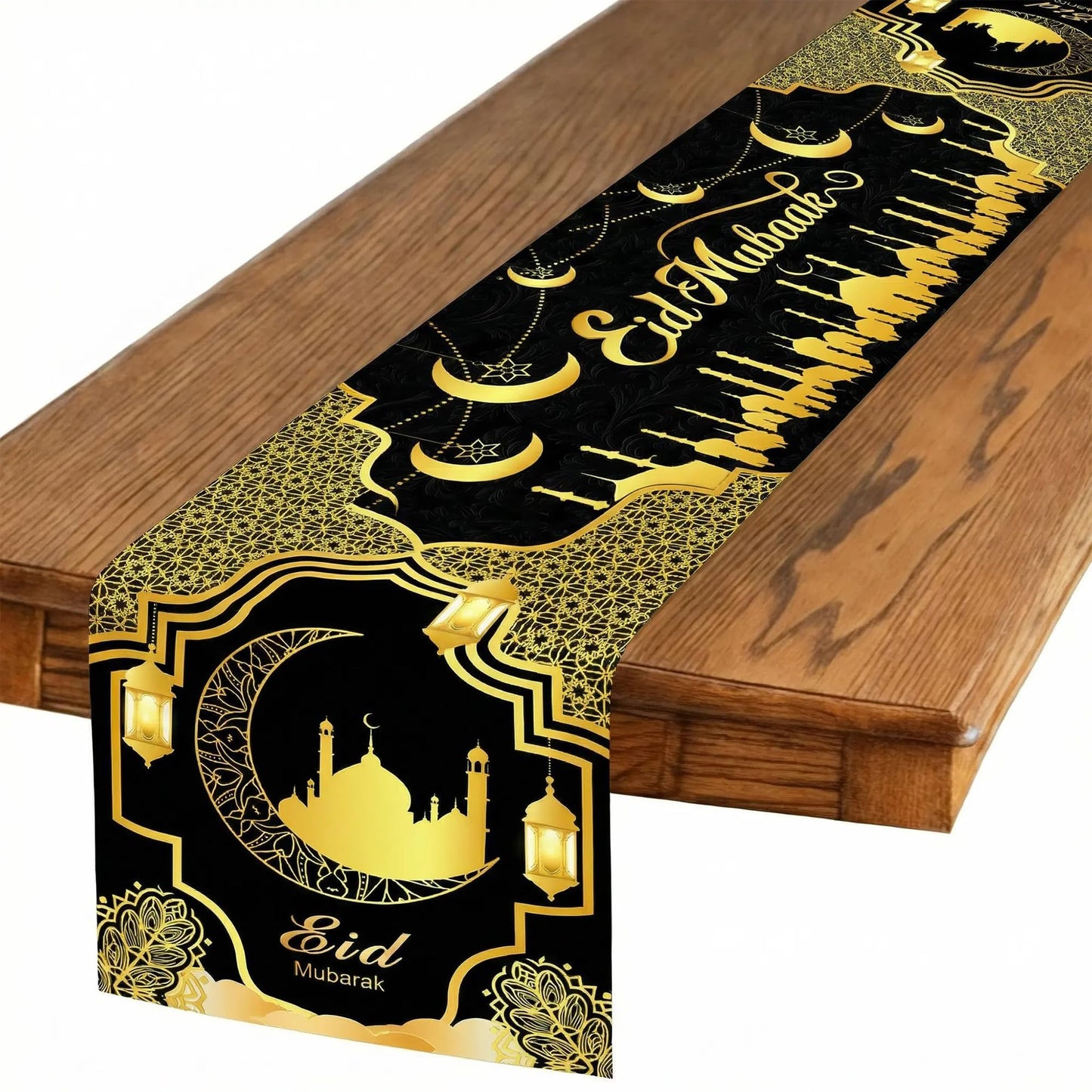 Ramadan Mosque Linen Table Runner: Black and Gold Mosque Moon Tablerunner Muslim Eid Al-fitr Eid Mubarak Perfect for Ramadan Party Home Kitchen Dining Mantel 13×72Inches(1 Pcs)