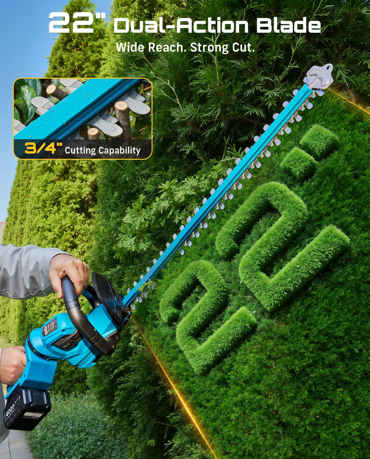 SEESII 22" Hedge Trimmer Cordless, 20V Electric Bush Trimmer with 2 Pcs 4000mAh Batteries & Charger, 180°Rotatable Handle, 3/4" Blade Gap, Debris Collector, Handheld Power Shrub Trimmers for Yard