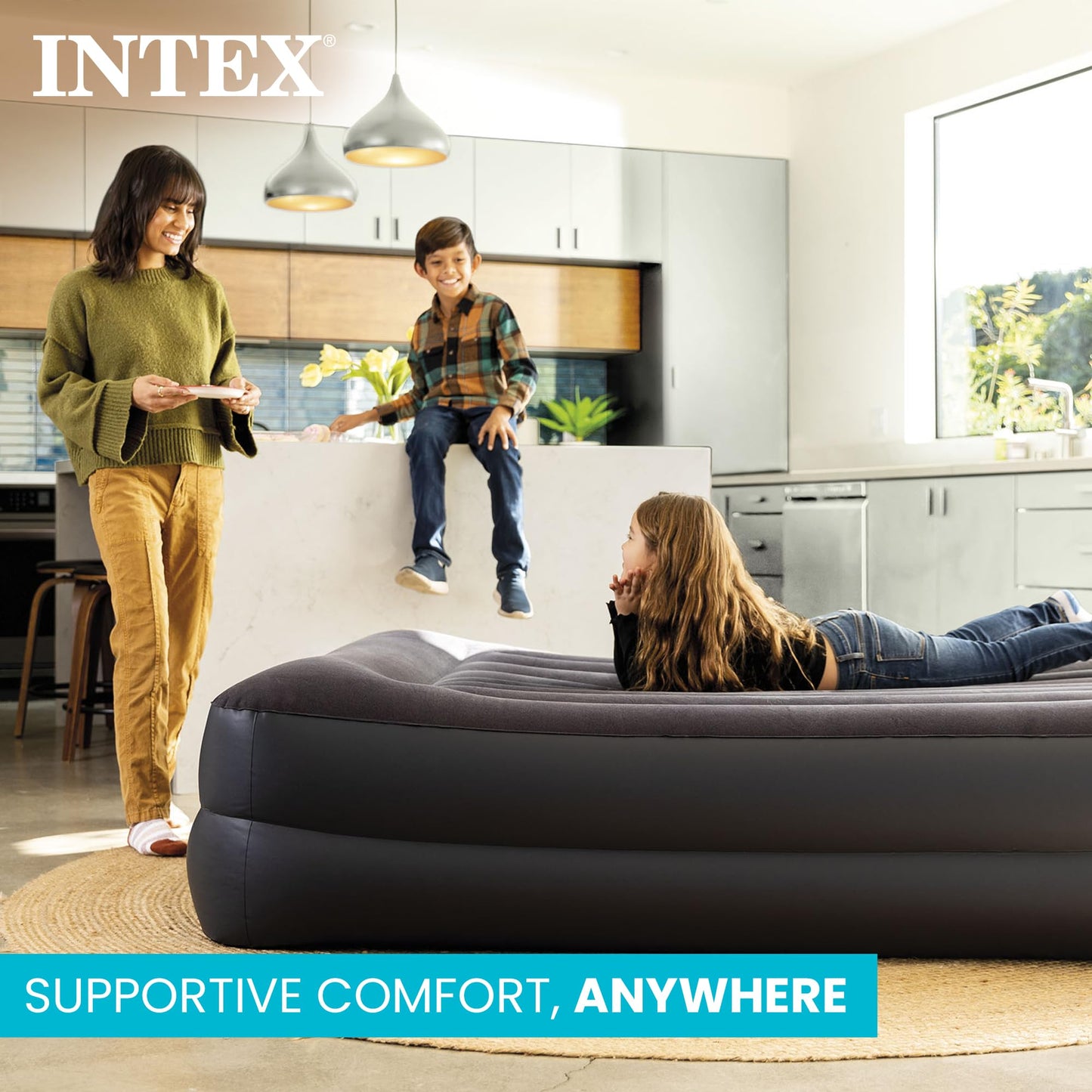 Intex Air Mattress, 64123ED Dura-Beam Plus Pillow Rest Fiber-Tech – Queen Size – Built-in Electric Pump – 16.5in Bed Height – 600lb Weight Capacity