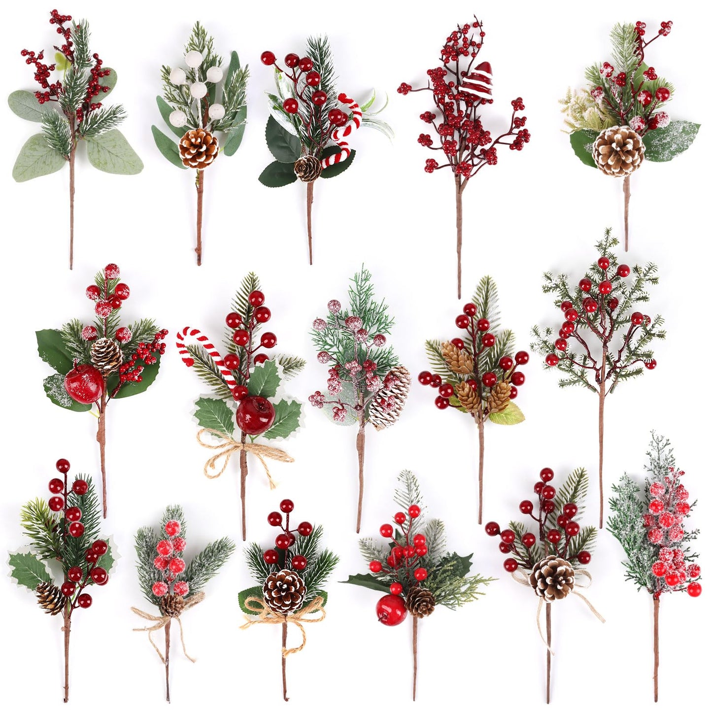 LOAVER 16 Pack Artificial Christmas Red Berry Picks Assorted Faux Pine Branches Spray with Pinecones Holly Stems for Xmas Tree Floral Arrangement Winter Wreath Gift Wrapping Decor