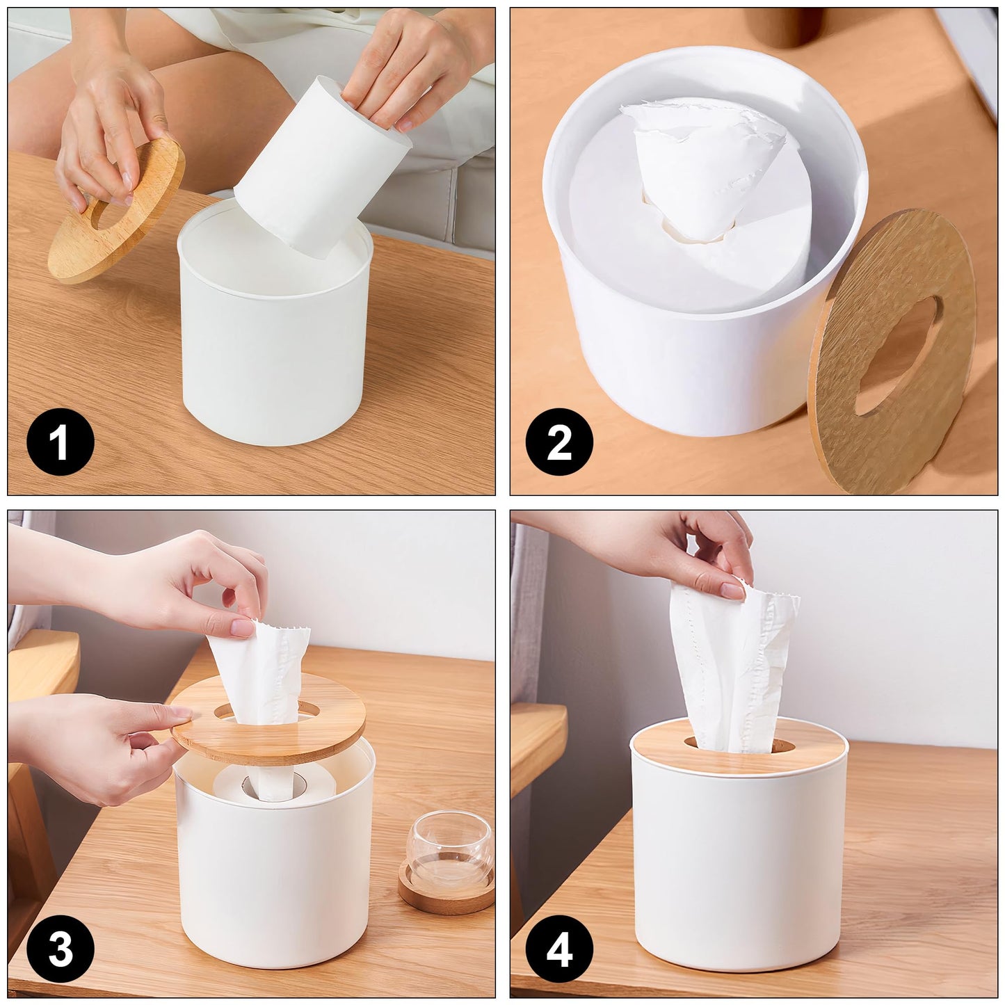Bamboo Lid Round Tissue Holder Box 5x5'' – Decorative Toilet Paper Roll Dispenser & Dryer Sheet Case – Space-Saving Wood Organizer for Bathroom - for Paper Rolls Under 5 inches only