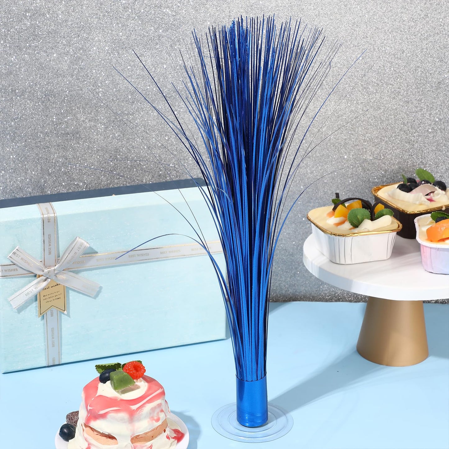 CraftyDream 2 Pcs Metallic Spray Centerpieces Graduation Centerpieces for Tables Decorations with Clear Base Shimmering Foil Sprays for Birthday Easter and Celebration Events(Blue)