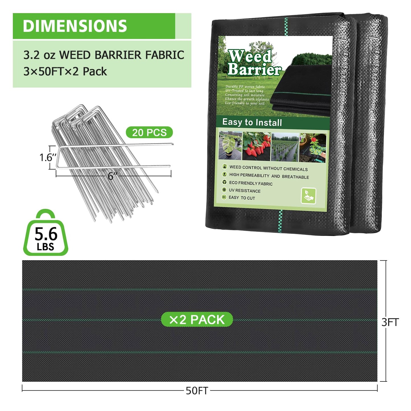 Gree-Mac 3x100FT Weed Barrier Landscape Fabric, 3.2oz Heavy Duty Garden Cloth, Ground Cover for Gardening, Come with 20 U-Shaped Securing Pegs