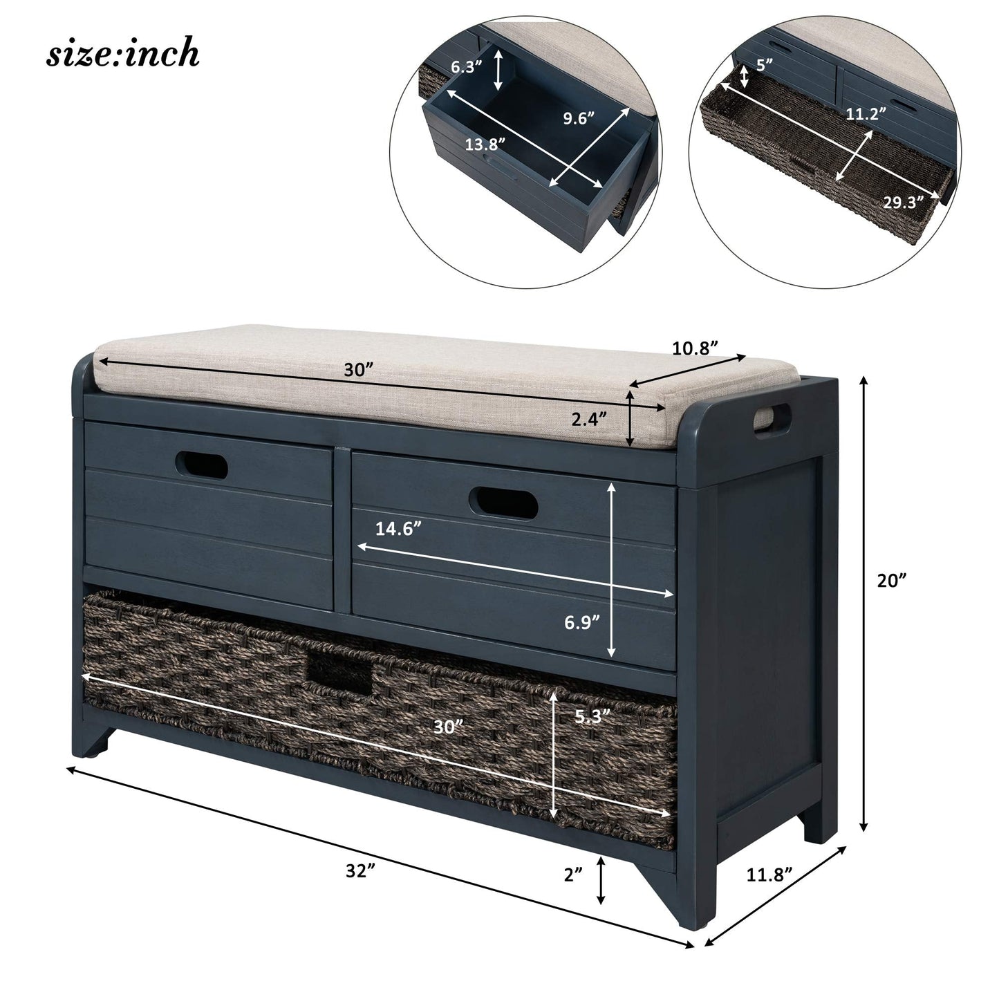 P PURLOVE Wood Storage Bench with Removable Basket and 2 Drawer,Fully Assembled Entryway Storage Bench Shoe Bench with Removable Cushion for Hallway Entryway Living Room
