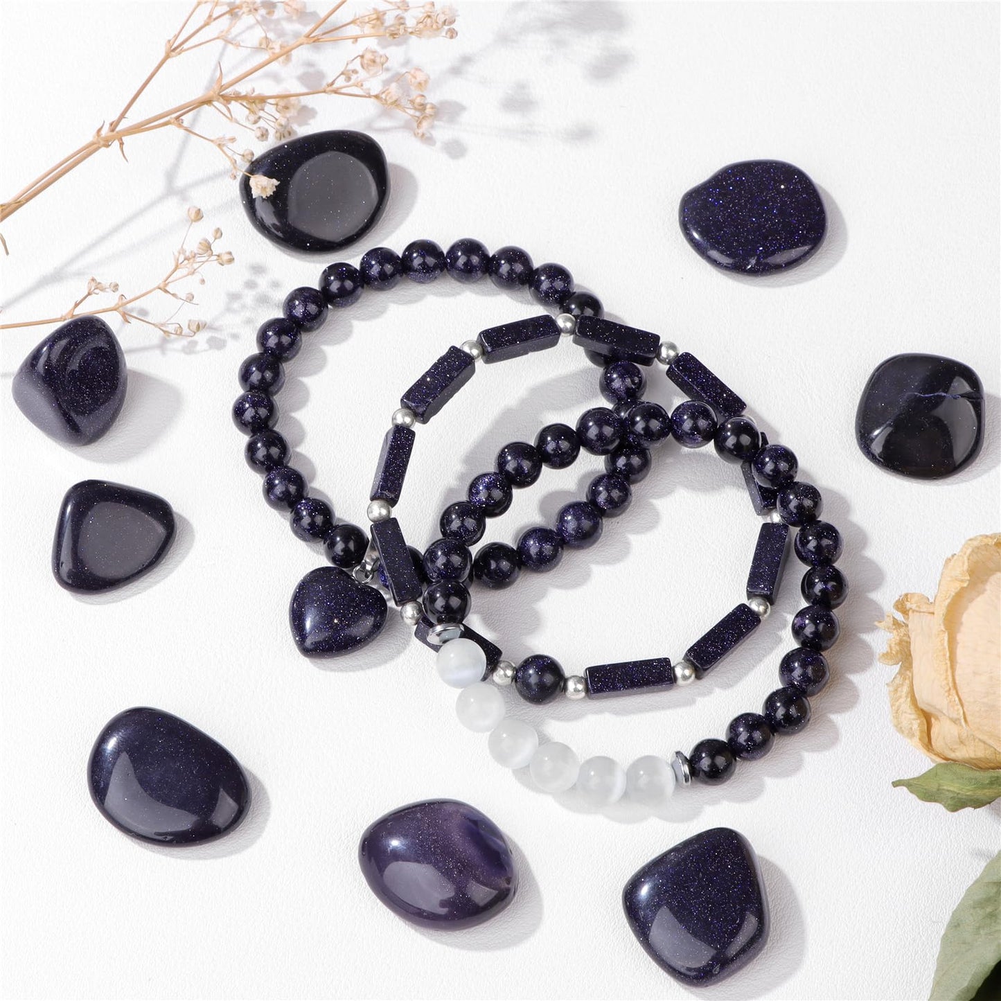 Vinswet Healing Crystal Beaded Bracelets for Women,Natural Blue Sandstone Moonstone Gemstones Bracelet,Anxiety Stress Relief Heart Charm Bracelet Handmade Blue Jewelry Gifts for Women (3pcs)