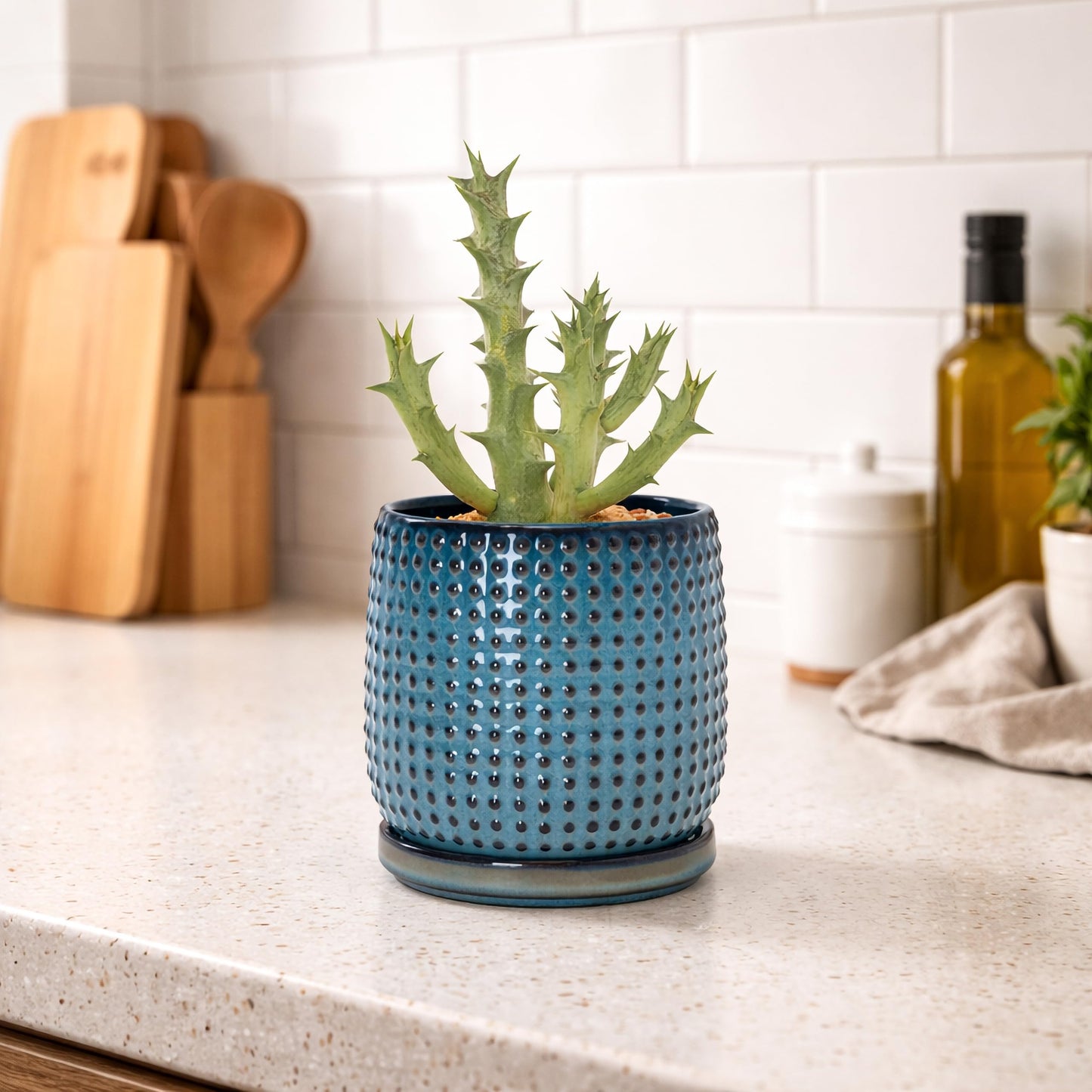 D'vine Dev 4 Inch Ceramic Beaded Stoneware Planter Pot - Flower Pot with Drainage Holes and Saucers for Indoor Succulent Plants or Flowers, Ocean Teal, 27-C-Z-8