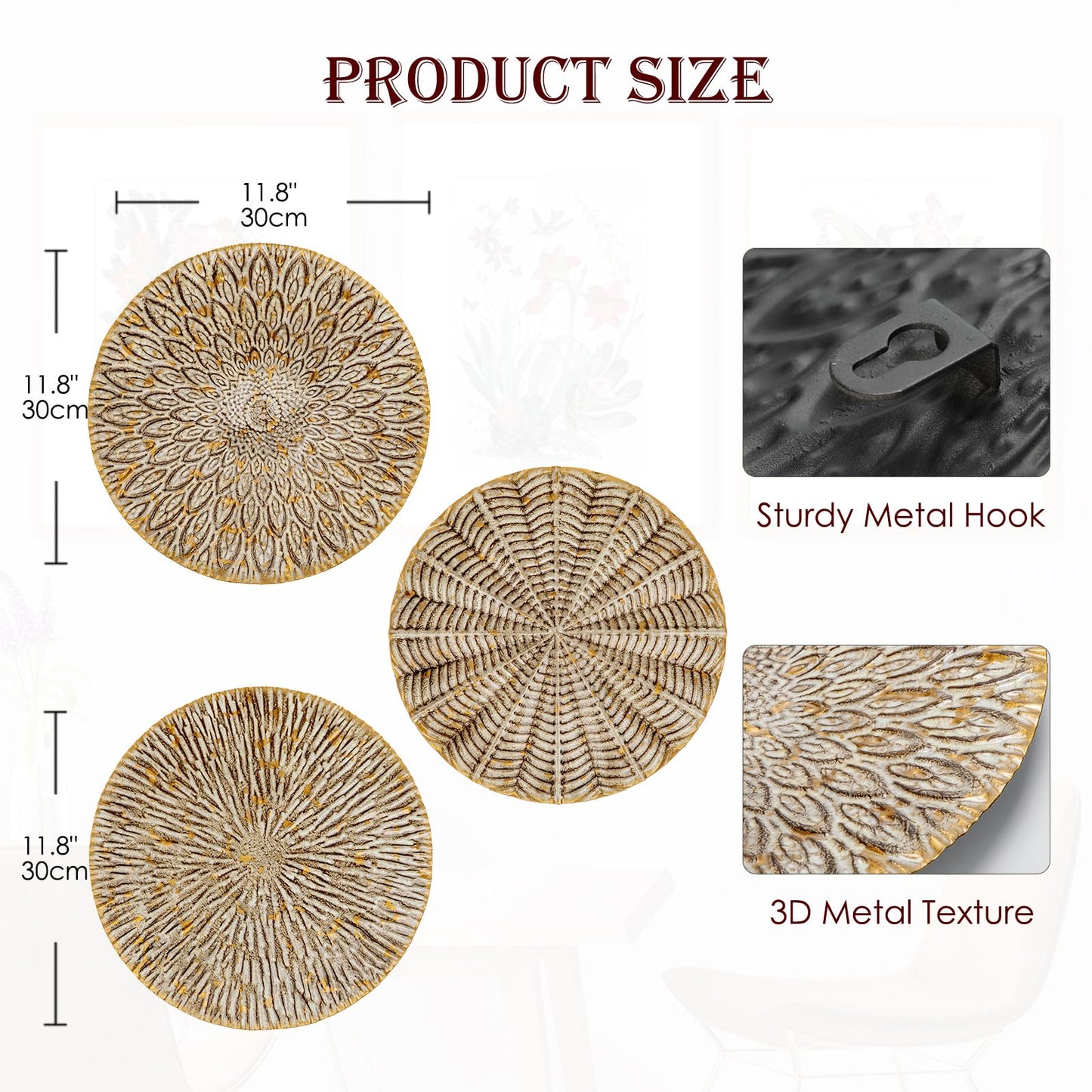Arborus Set of 3 Rustic Floral Round Metal Wall Art - Intricate 3D Design with Sturdy Hooks, Gold and Beige Decorative Plates (11.8" Diameter)