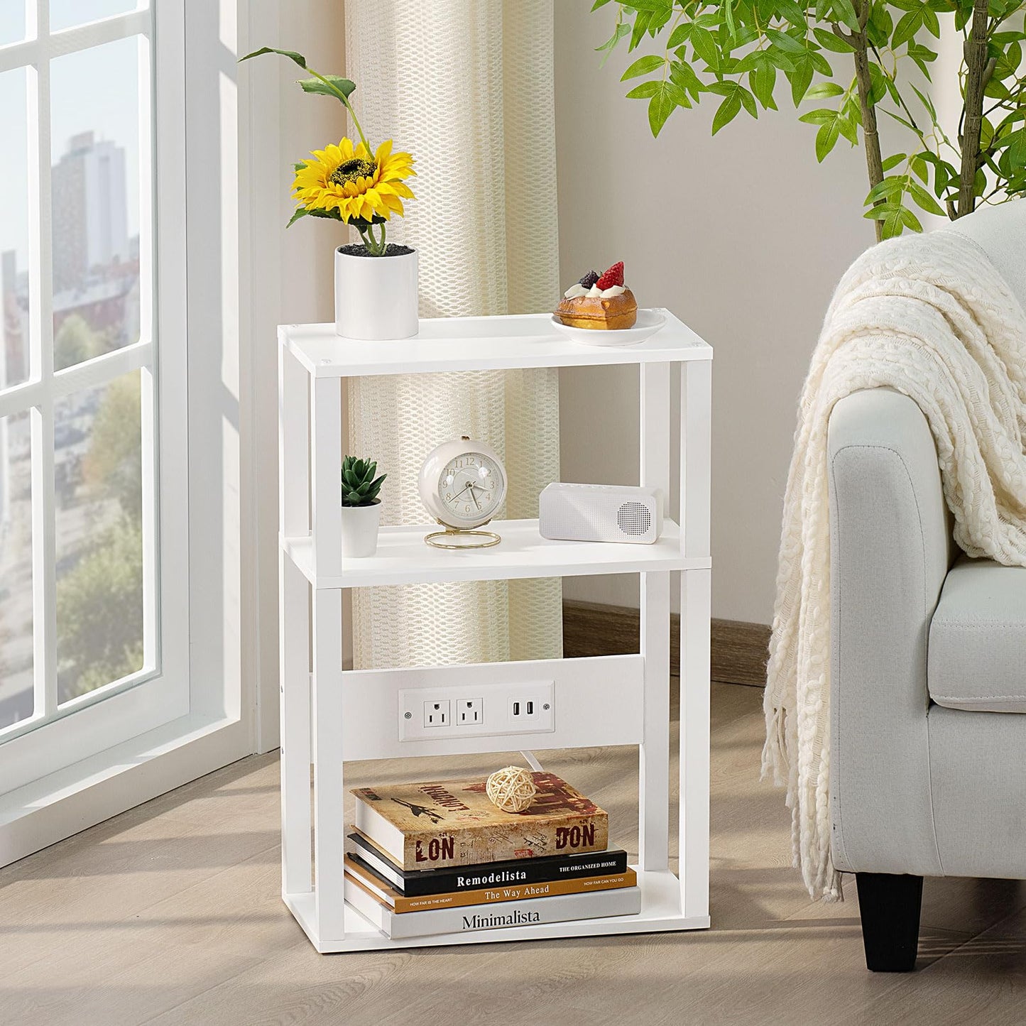 YUFAM 3-Tier Small Narrow Wood Side Table with Charging Station, Skinny Nightstand for Small Space, Slim Bedside Table with Storage for Couch, Thin End Table with USB Ports and Outlets, White