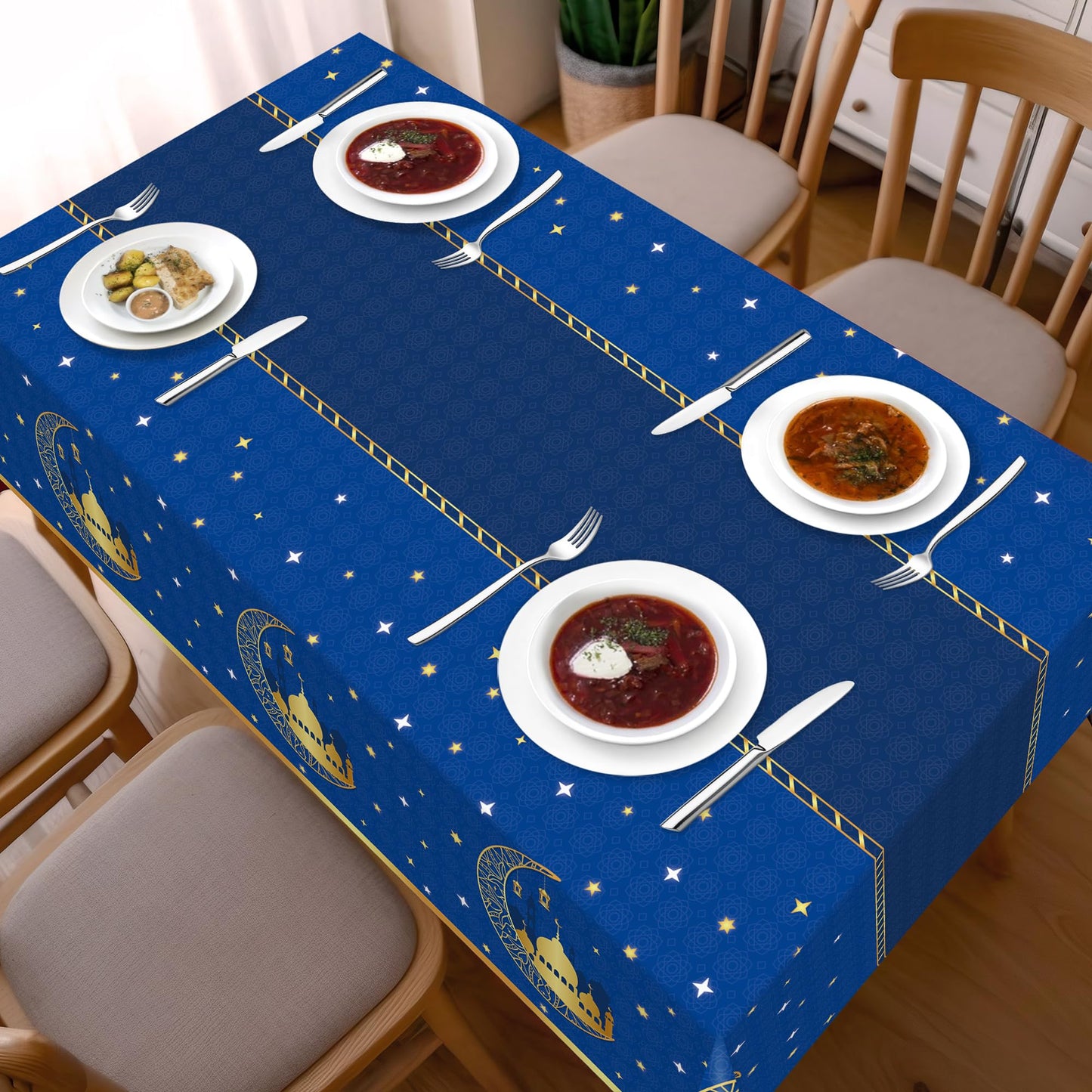 Childom 3 Pack Ramadan Table Cloth,Ramadan Decorations for Home,54" x 108" Eid Mubarak Decorations,Eid Ramadan Tablecloths Rectangular,Blue Plastic Table Cloth Disposable Table Cover for Party Favors