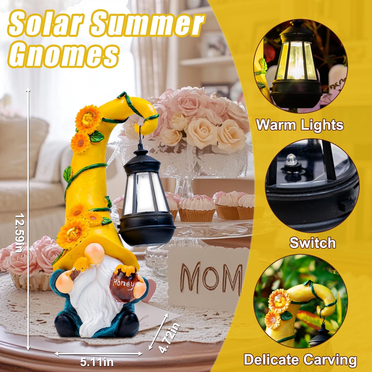 Mothers Day Gifts - Garden Gnome Statue with Solar Lights Large Garden Sculptures Funny Bee Gnome Outdoor Patio Lawn Yard Garden Decor Birthday Gifts for Women Mom 12 in Summer Gnomes Outdoor