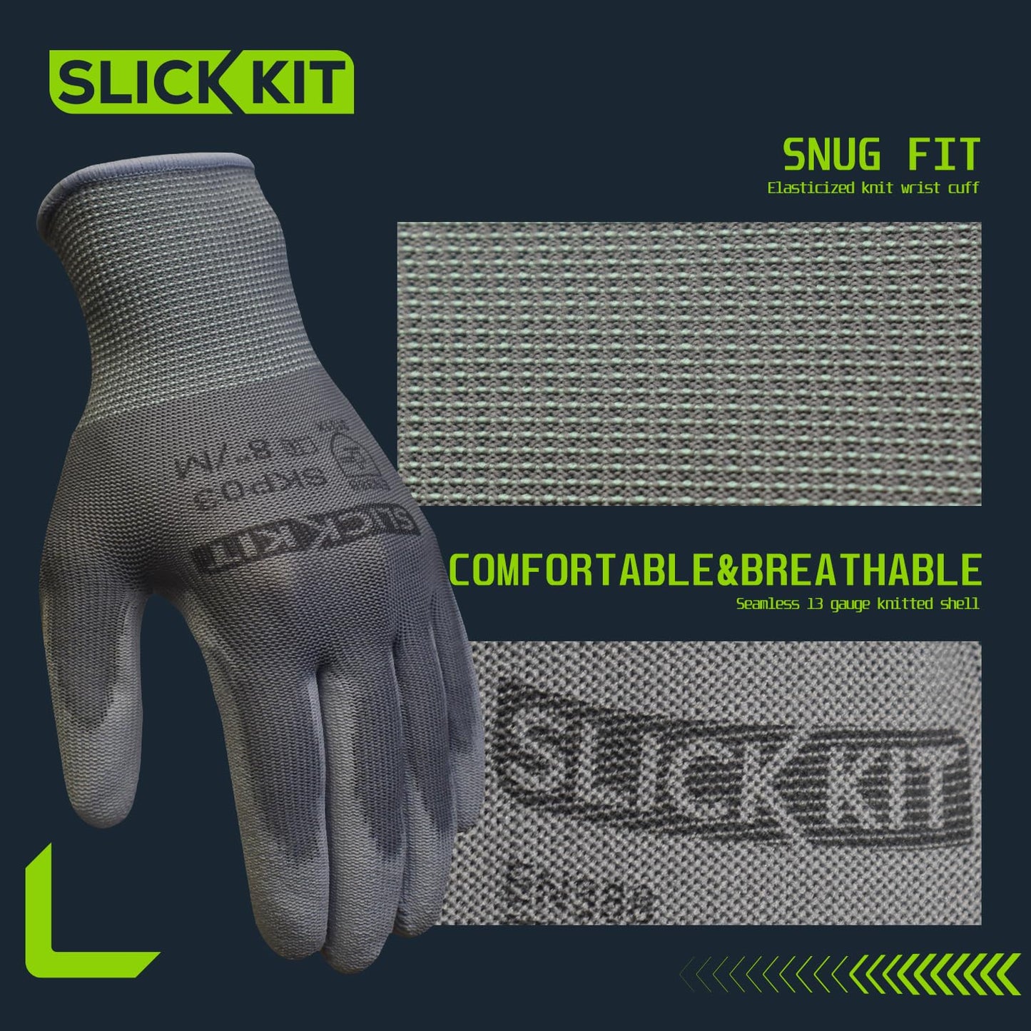 SLICK KIT Work Gloves PU Coated, for Men and Women, Ideal for General Duty Work, 12 Pairs, Grey (Extra Large/10)