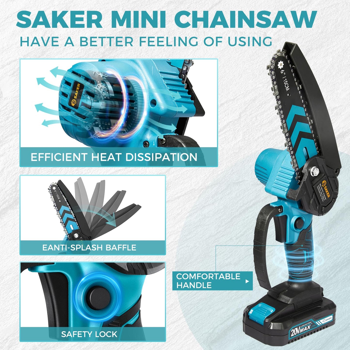 Saker Mini Chainsaw,6 Inch Portable Electric Chainsaw Cordless, Small Handheld Chain saw for Tree Branches,Courtyard, Household and Garden,Father Day Gift for Men Husband Women