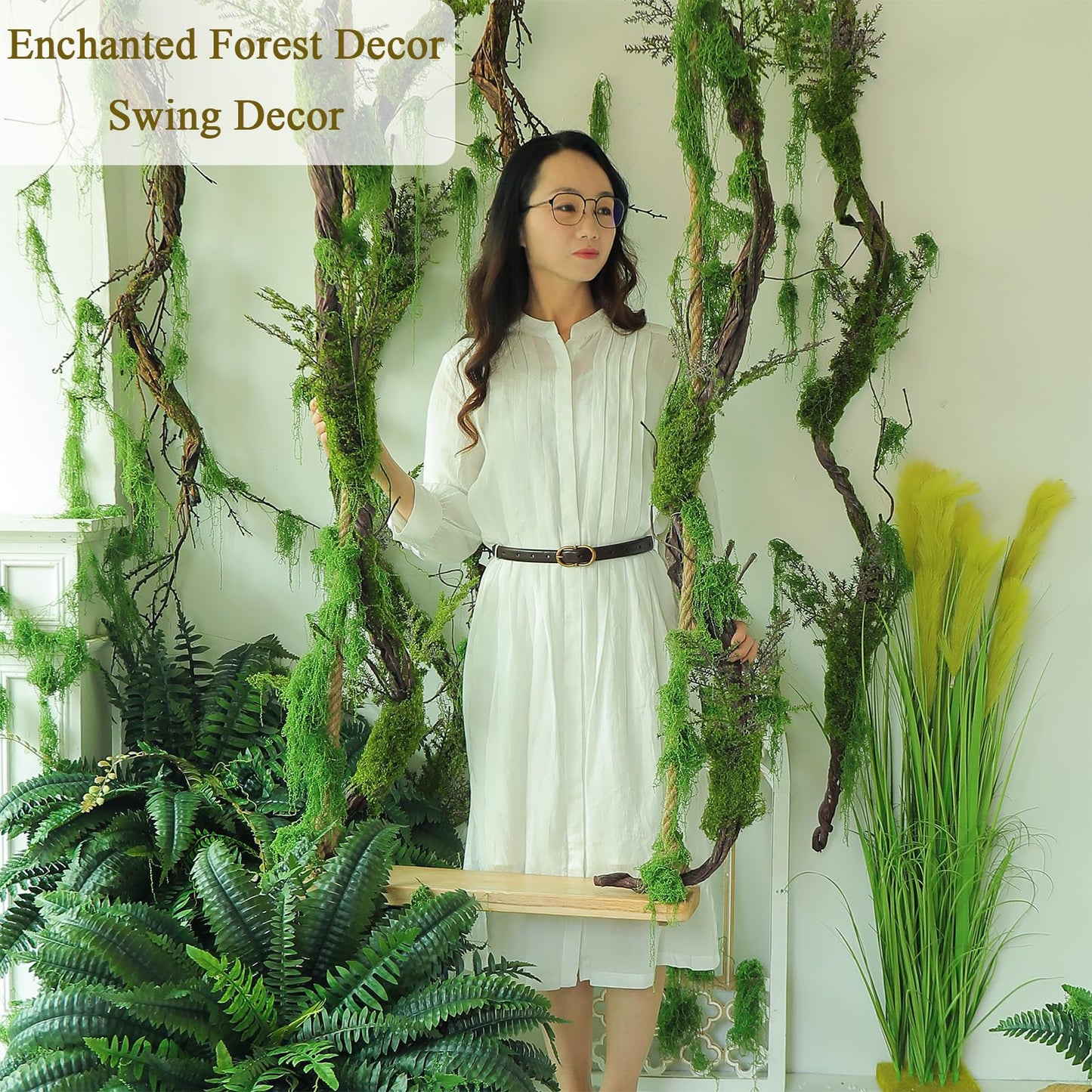1Pcs 78.9inch Large Bendable Artificial Tree Branches Moss Sturdy Hanging Plants Leaves Grape Vines Thick Tree Trunk Twigs Greenery Stems Cherry Blossom Garland for Halloween Outdoor Forest Decor