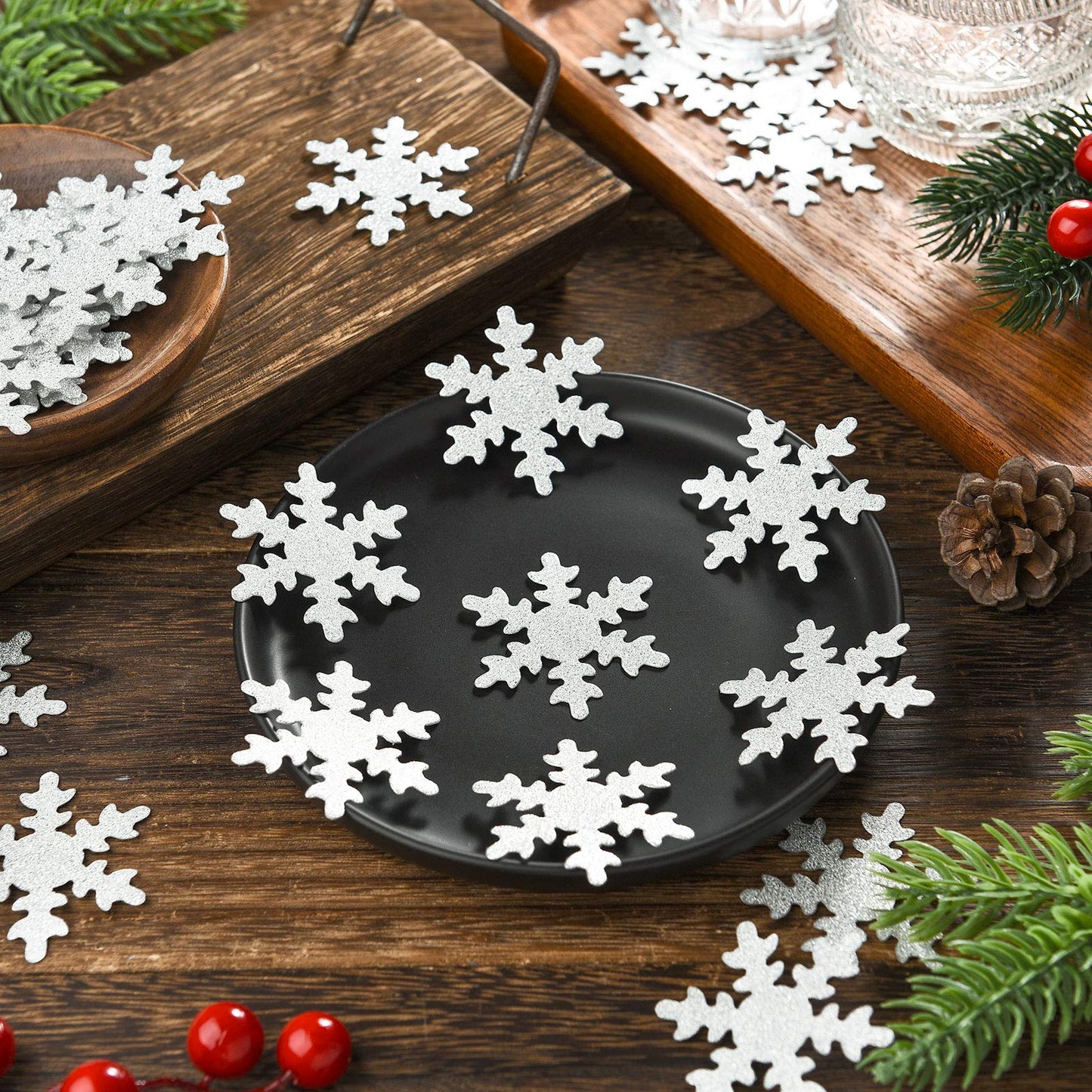 Skylety 100 Pcs Large Snowflake Confetti 1.97 Inch Glitter Christmas Confetti Double Sided Sprinkles Snowflake Party Table Decoration for Winter Christmas Holiday(Silver)
