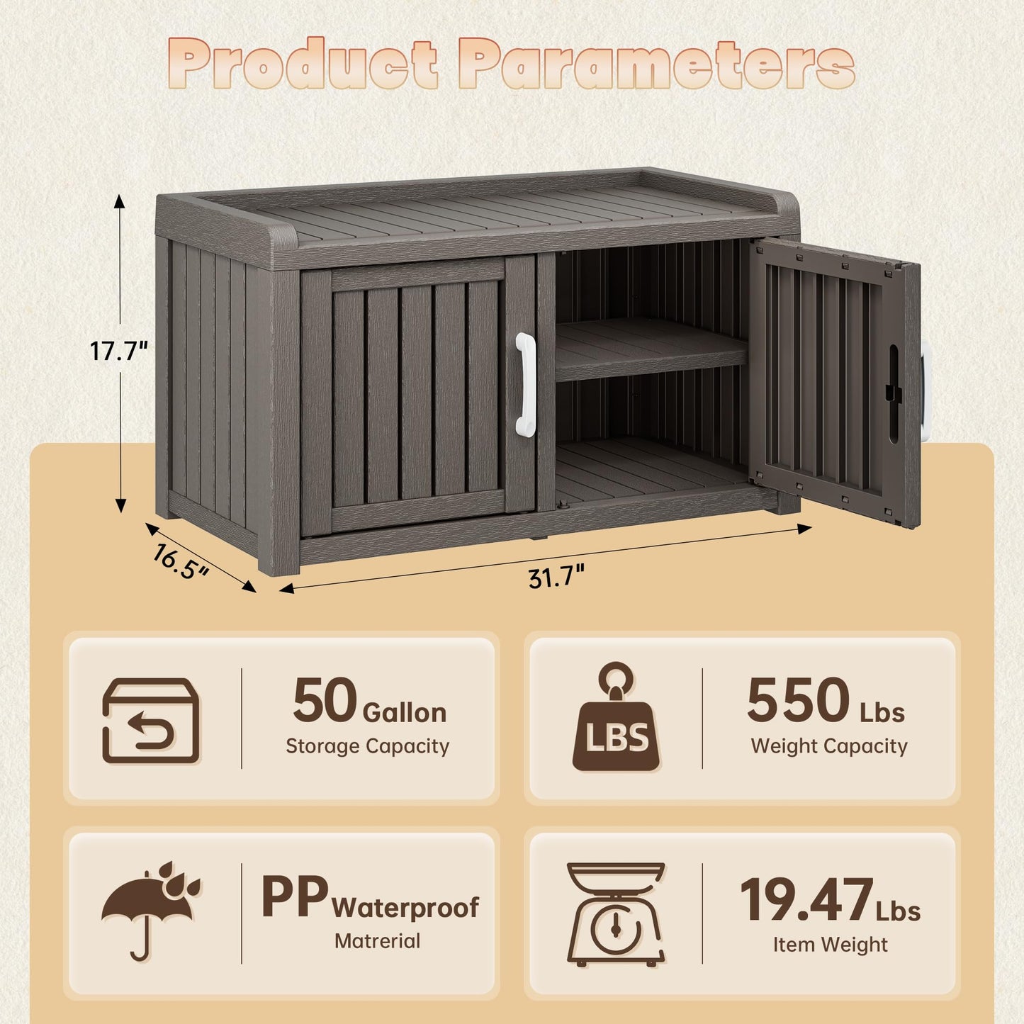 KAMABOKO Shoe Storage Cabinet Waterproof UV-Resistant, Entryway Storage Bench Indoor Outdoor with 2 Barn Doors, Adjustable Shelves for Entryway, Bedroom, Hallway,Living Room(Classic Grey)