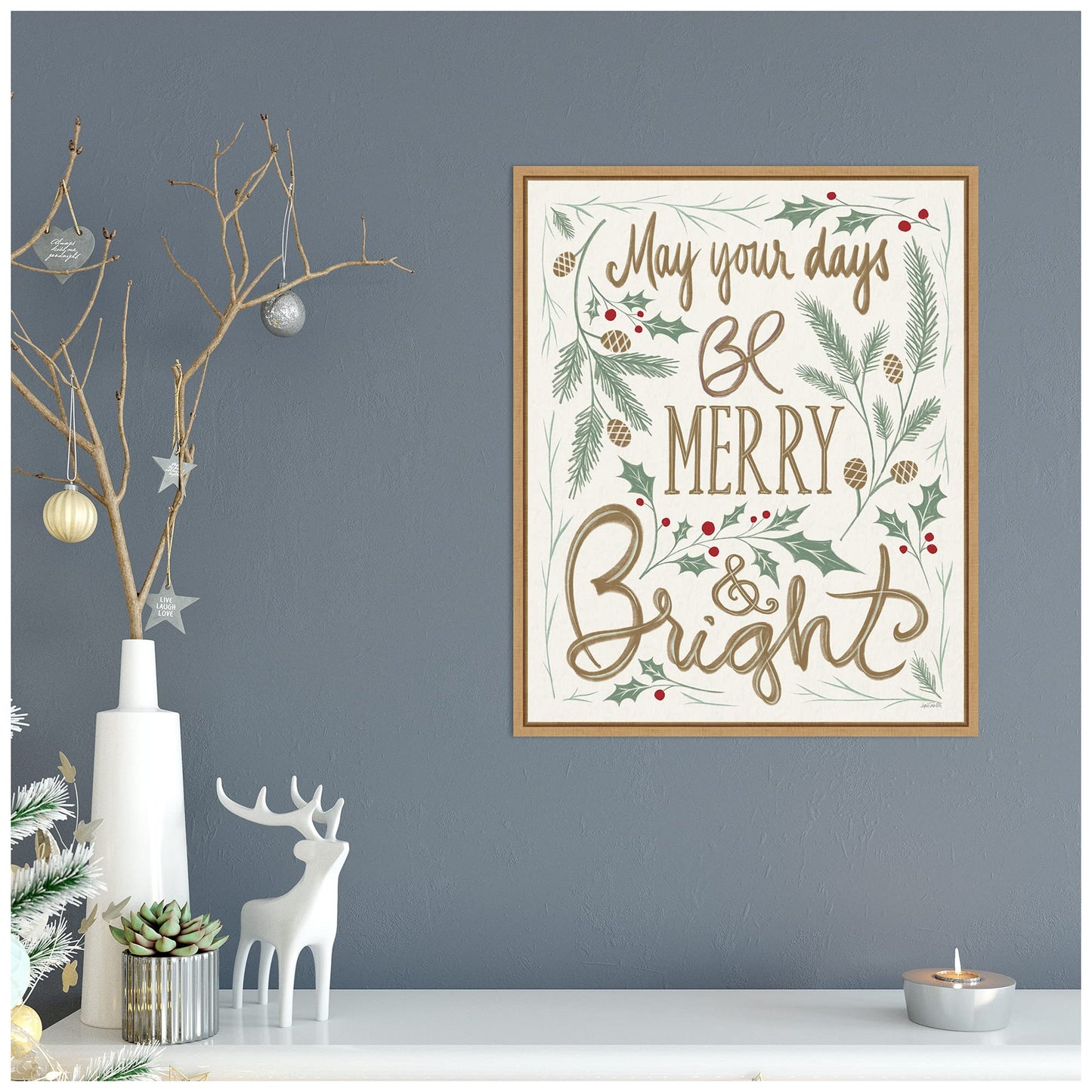 Amanti Art Framed Canvas Wall Art 20x16 Merry and Bright Holly by Anne Tavoletti, Framed Wall Art Canvas, Holidays Artwork, Modern Contemporary Decor, Small Poster Painting for Living Room, Bedroom