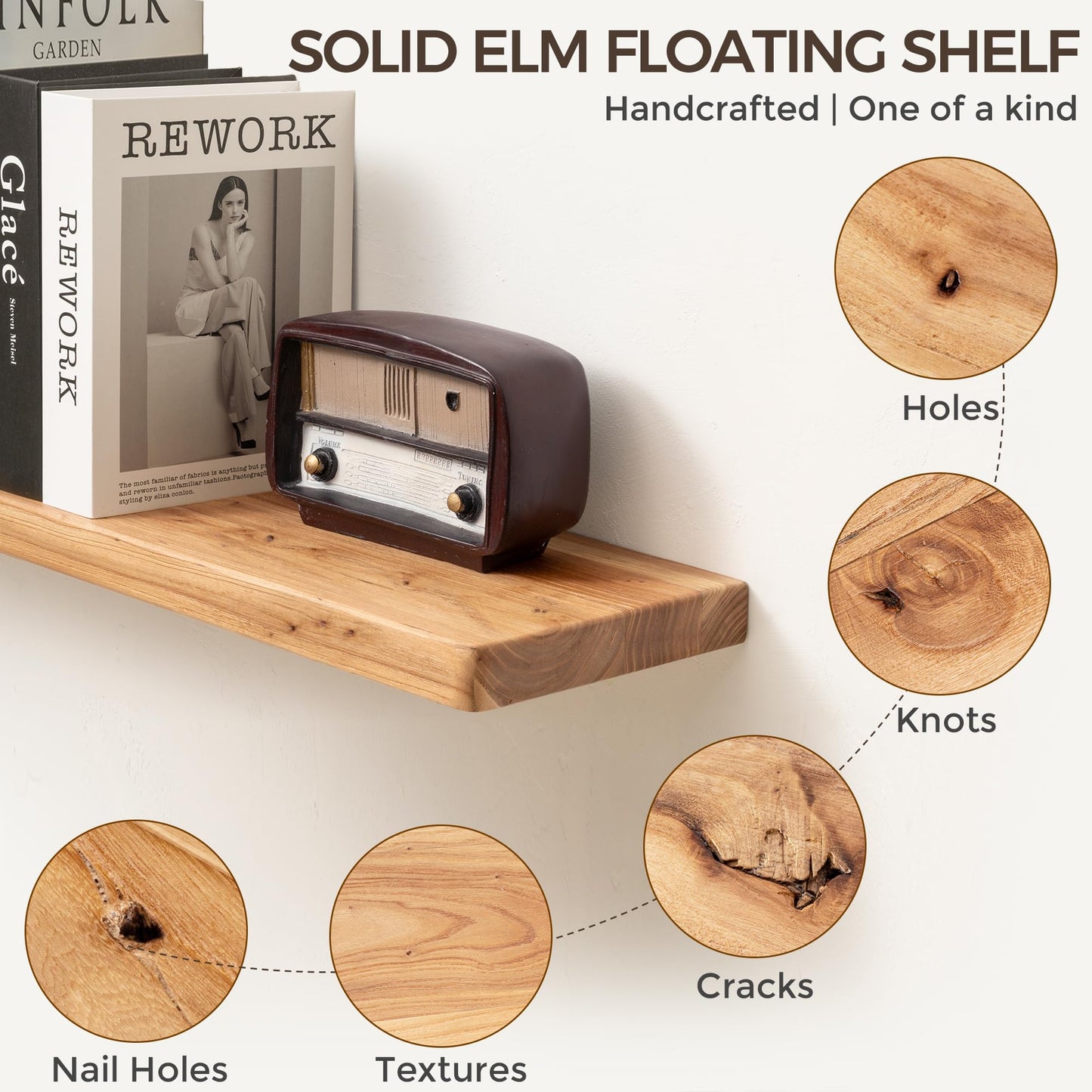 Fun Memories 36 Inch Floating Shelves for Wall, Solid Elm Wood Wall Shelf for Home Decor, Heavy-Duty Hardwood Floating Shelf for Bedroom, Bathroom, Living Room, Set of 2