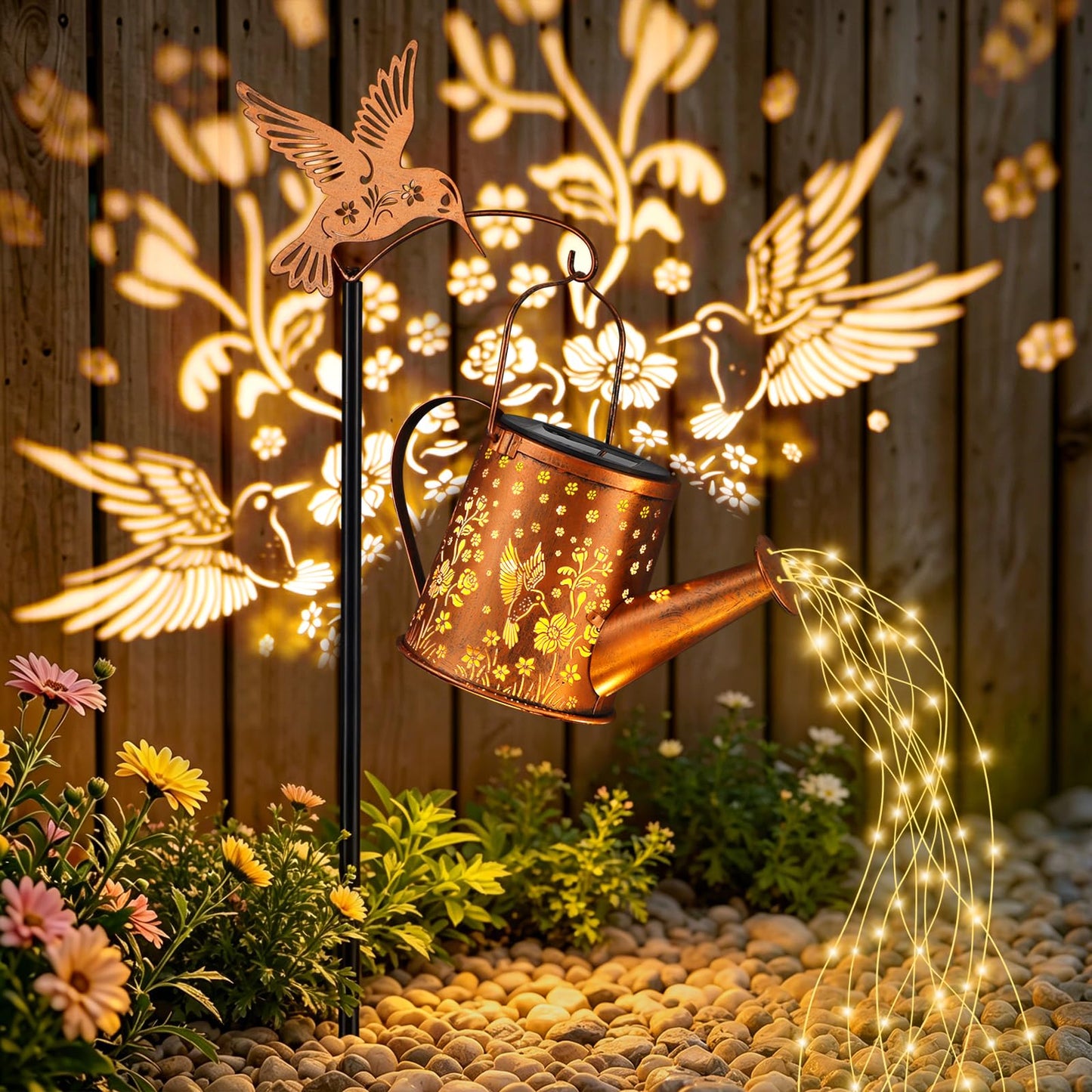 Gifts for Mom, Hummingbird Solar Lantern Outdoor Waterproof, Outside Metal Watering can Landscape Lights for Garden Yard Patio Pathway Decor Birthday Gifts for Women Grandma -with Pole