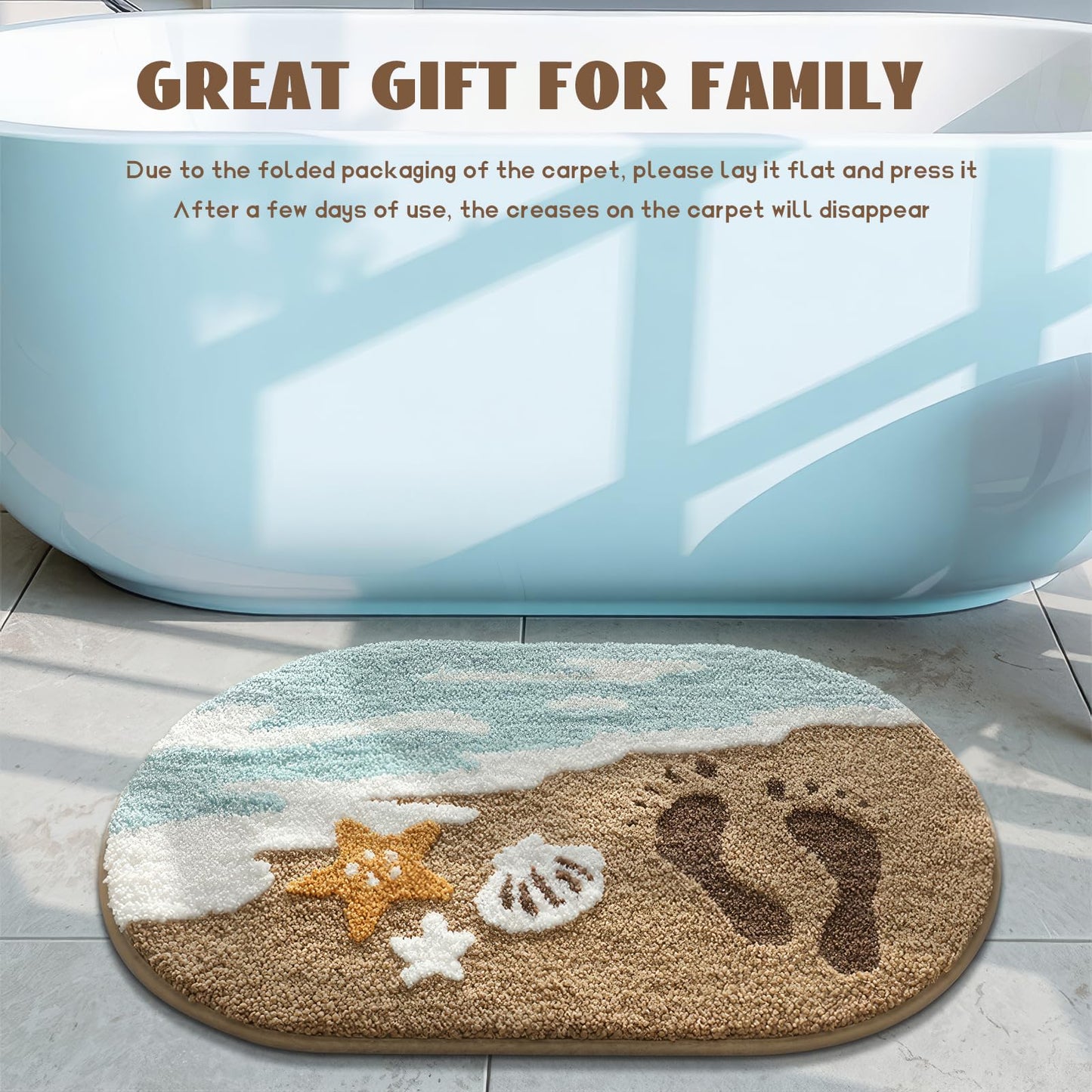 Beach-Themed Ultra-Plush Bath Mat, Wave Sand Shells Bathroom Rugs with Non-Slip Backing, Absorbent Microfiber Starfish Bath Rug, Machine Washable Coastal Bath Mats for Home Decor 20x32In (Sand Beige)