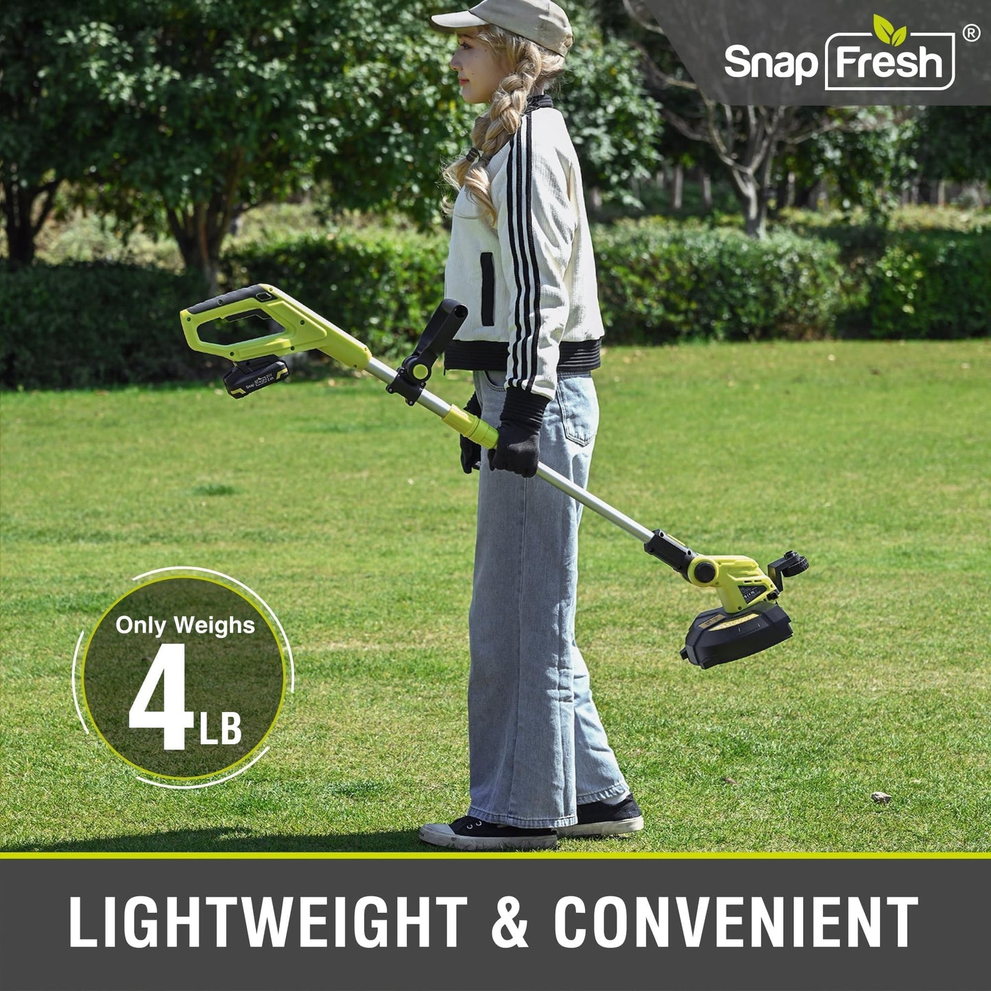 SnapFresh 20V Cordless String Trimmer, 12" 2-in-1 Weed Wacker and Lawn Edger with Wheels, 8000 RPM Auto Feed Spool, 2.0Ah Battery and Fast Charger Included, Lightweight Battery Powered Weed Eater