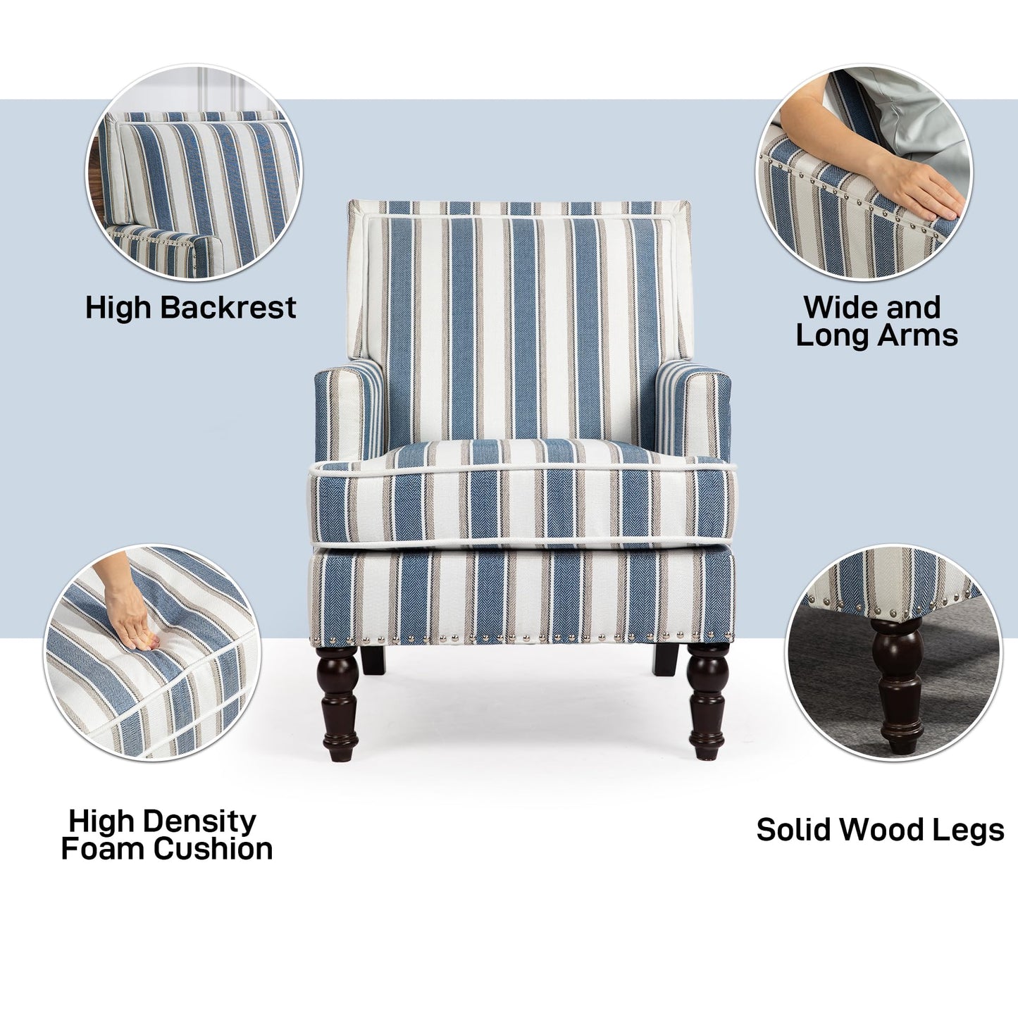 WakeZero Accent Chair, Comfy Cozy Modern Mid-Century Accent Chairs, Linen Upholstered Lounge Arm Chair with Solid Wood Reading Side Padded Single for Living Room/Office/Balcony/Bedroom-Blue Stripe