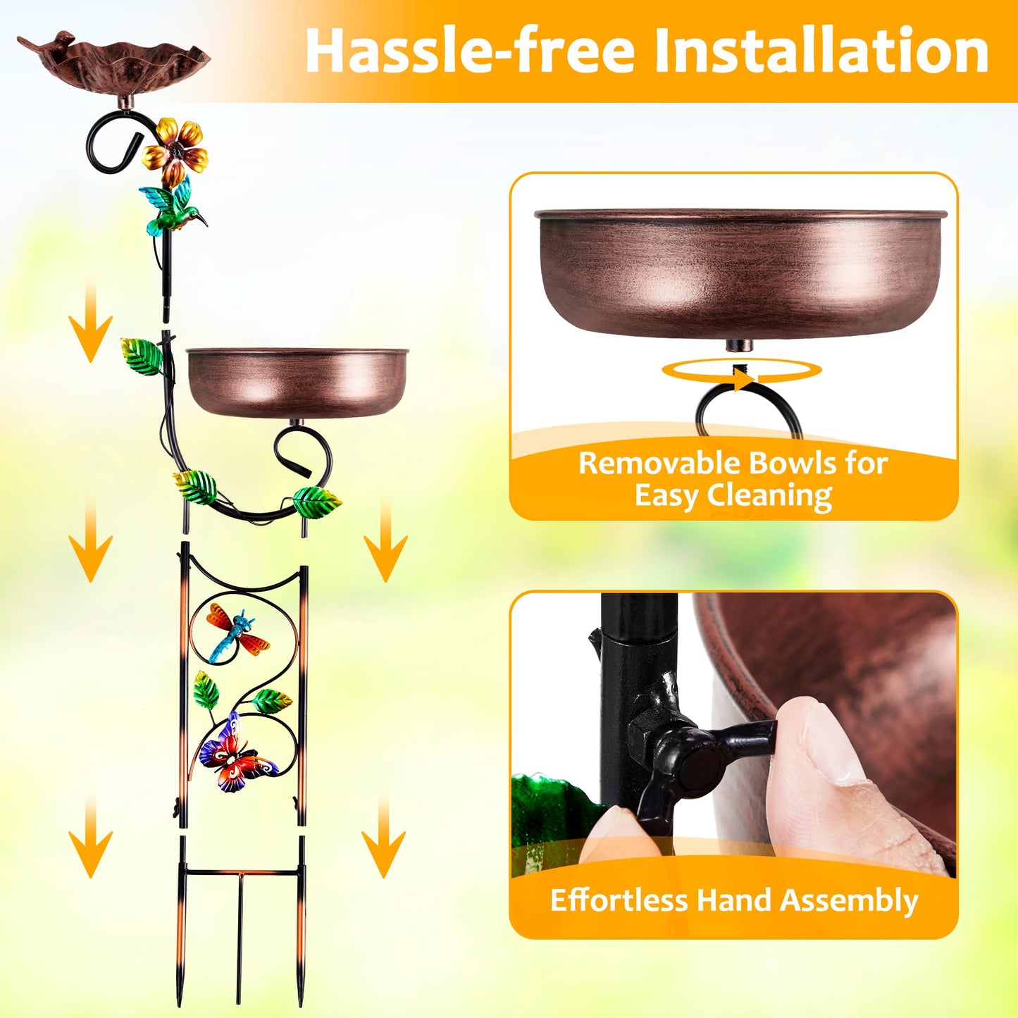 YOFOVI 2 In 1 Bird Bath for Outside, Freestanding Large Bird Feeder Birdbaths for Outdoors, Garden Metal Bird Baths Bowl for Patio Yard, Copper