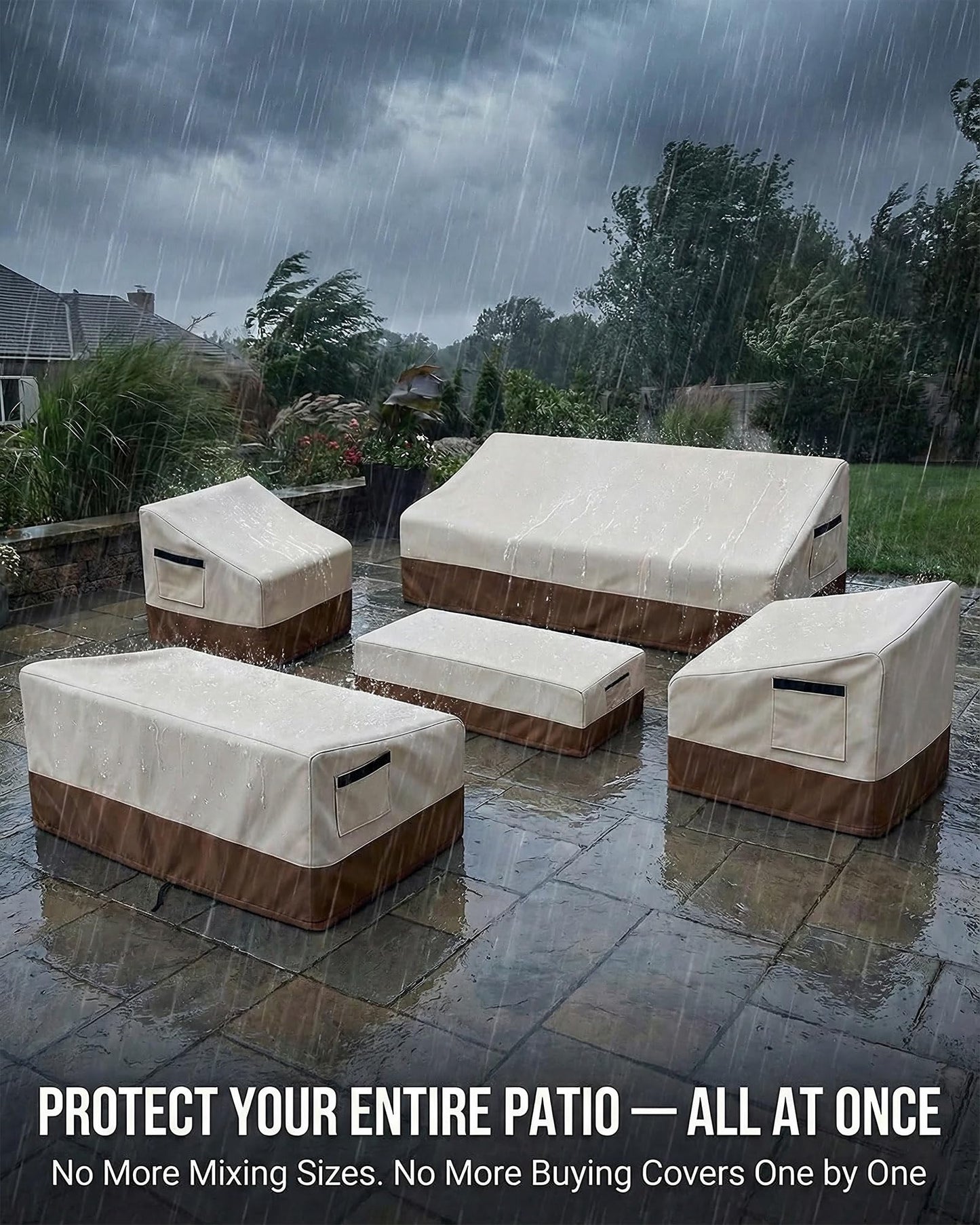 5 Piece Patio Furniture Cover Set, Waterproof Outdoor Furniture Covers for 3-Seater Sofa, Loveseat, Chairs & Coffee Table, Heavy Duty 600D Lawn Patio Set Covers, UV-Resistant All-Season, Beige&Brown