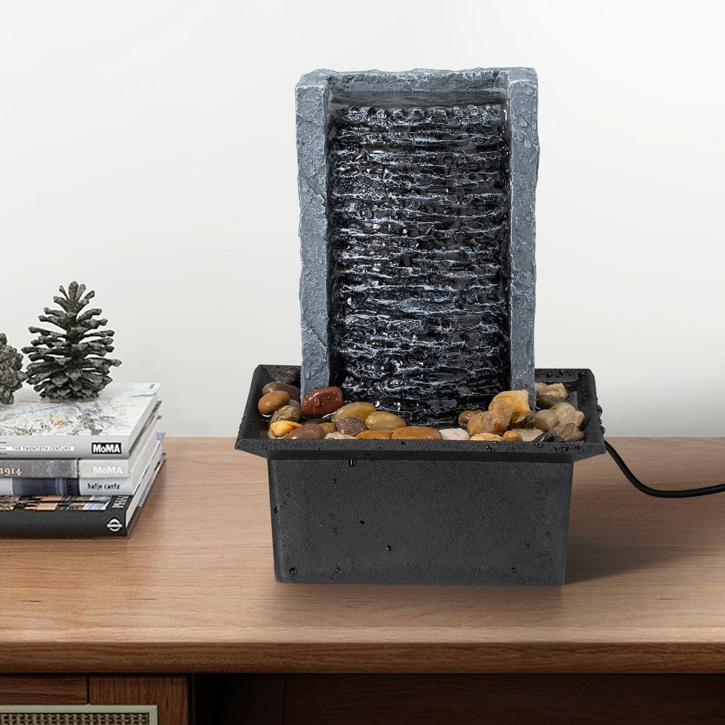 Tabletop Fountain Indoor Waterfall Rock Fountain LED-Lights Water Feature Waterfall for Modern Home and Office Indoor Decoration