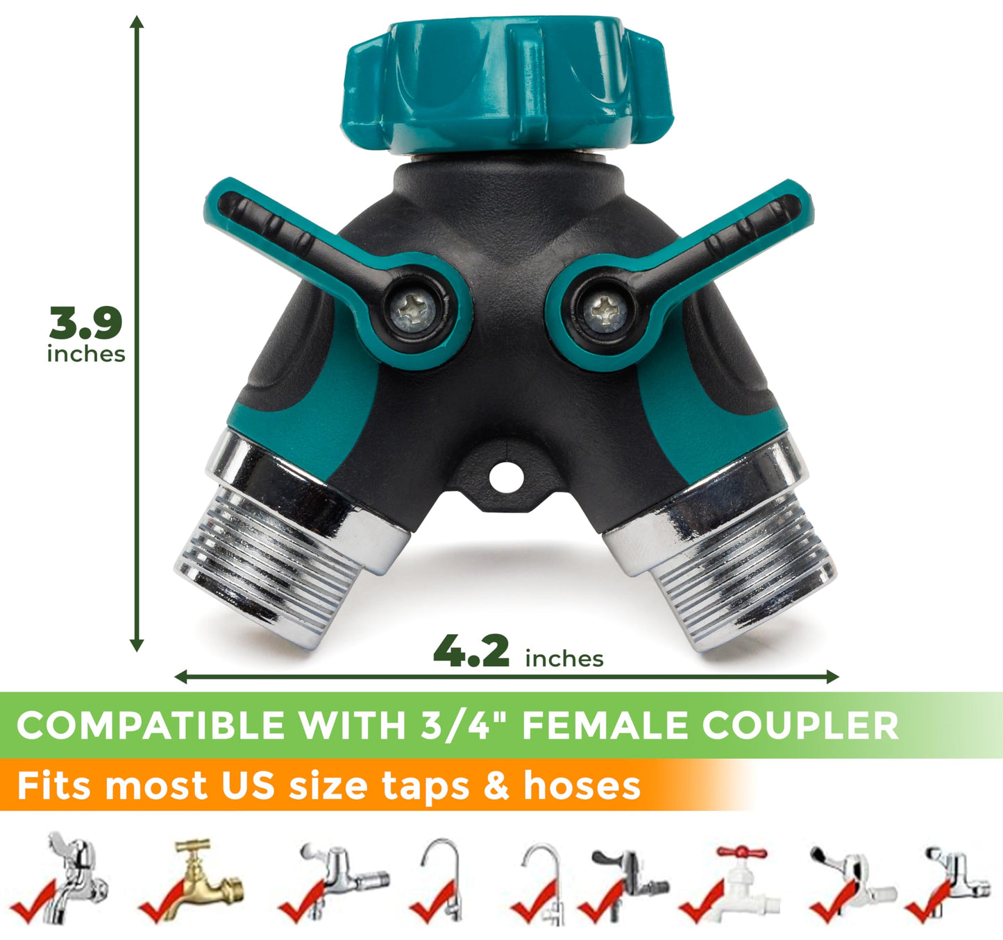 CARPATHEN Garden Hose Splitter 2Way - Heavy Duty Metal Body Durable 3/4" US Standard Garden Hose Splitter - Large Rubberized On/Off Levers - For Garden, Washing Machines, Indoor or Outdoor Faucets