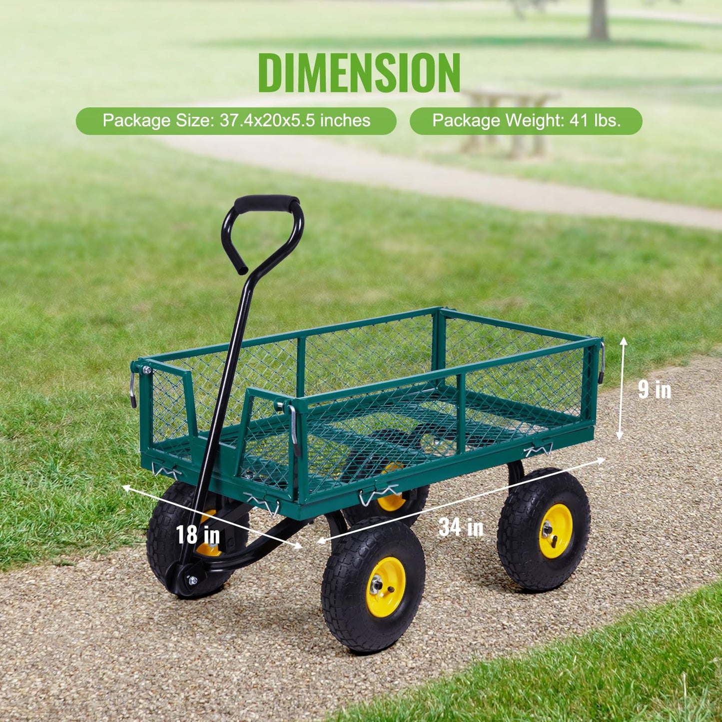 Backyard Expressions Heavy Duty Garden Cart 400 lb Utility Wagon Cart with Removable Mesh Sides, Powder-Coated Steel Bed, Pneumatic Tires, Pull Handle Yard Cart