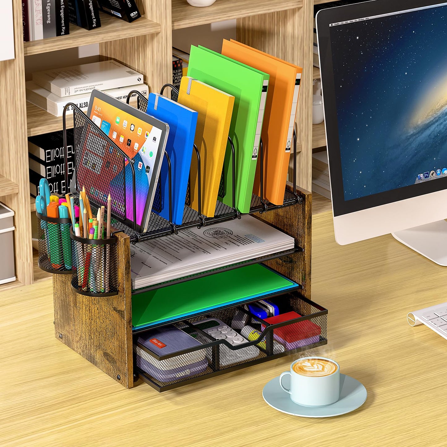 DAOUTIME 4-Tier Mesh Desk Organizer, Wooden Desk File Organizer with 5 Vertical File Holders and 2 Pen Holders, Desktop Organizers and Accessories with Drawer for Home Office