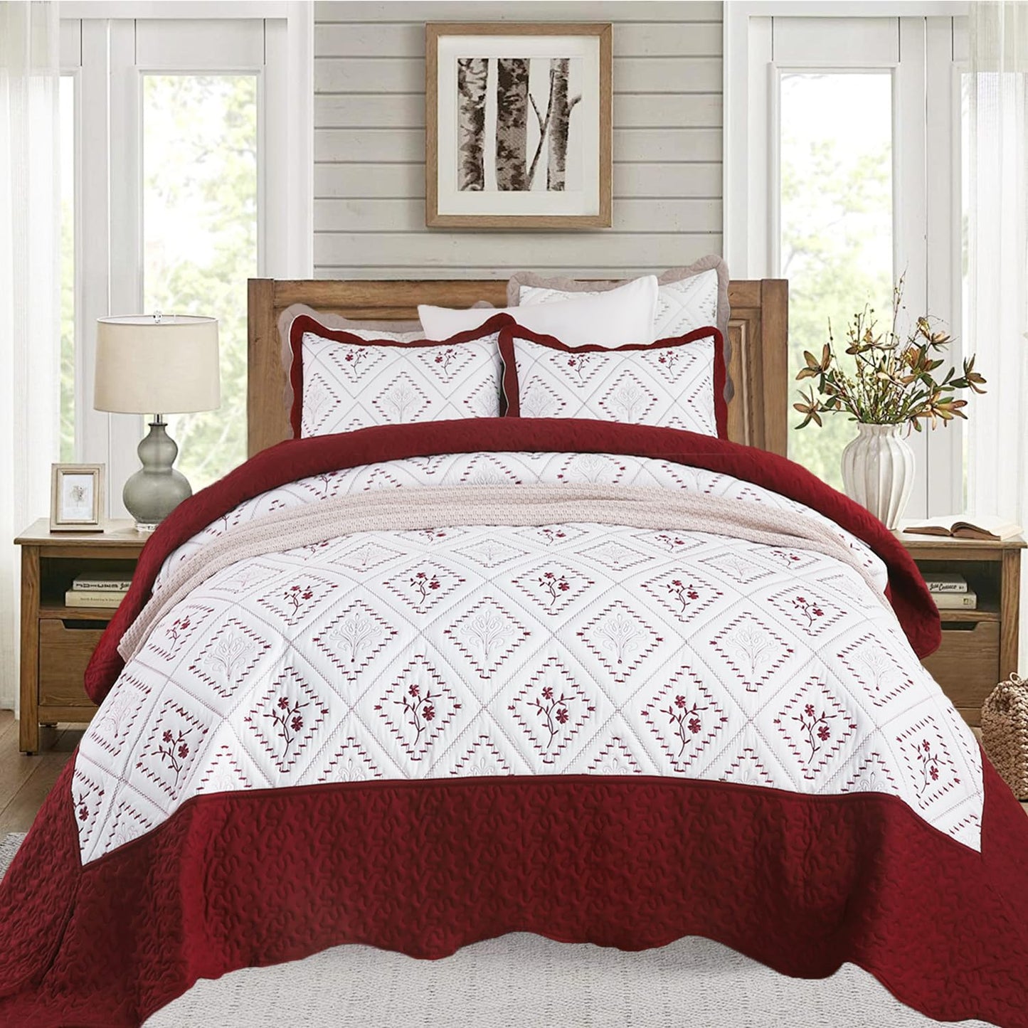 Cmfshape Floral Embroidery Quilt Set,3 Pieces Oversized King Quilt Bedding Set,Classic Diamond Pattern Quilts,Ultra Soft Lightweight Reversible Bedspread Coverlets for All Season(Burgundy,120"x120")