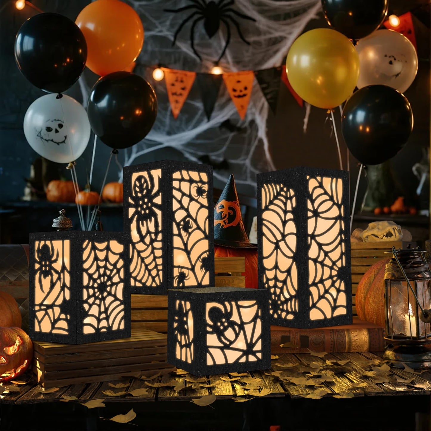 OuMuaMua 4 Pcs Halloween Party Decorations Indoor Halloween Table Centerpieces Boxes, Light up Spider Web Paper Lanterns with Led Lights for Spooky Party Supplies Home Decor