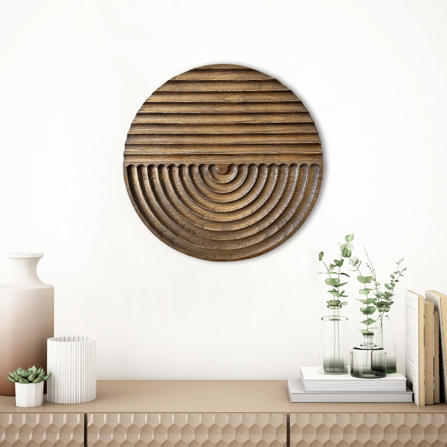Musanpou Hand-carved Wood Wall Decor featuring Artistic Round Design for Farmhouse and Country-style Interiors | Wall Art Decoration | 11.8 inches x 11.8 inches (brown)