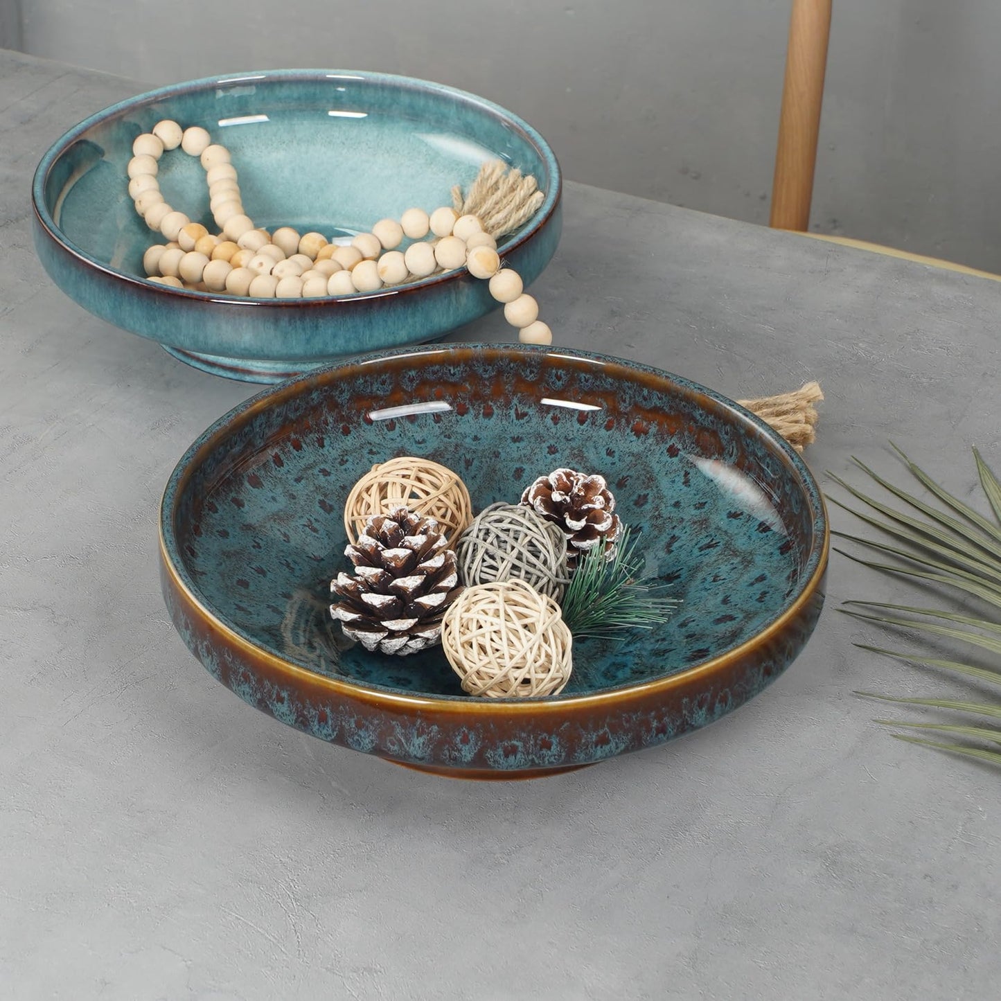 STE-CER Ceramic Fruit Bowl for Kitchen Counter,Decorative Pedestal Bowl for Table Countertop,Large Footed Serving Bowl,10.2 Inch (peacock Green)