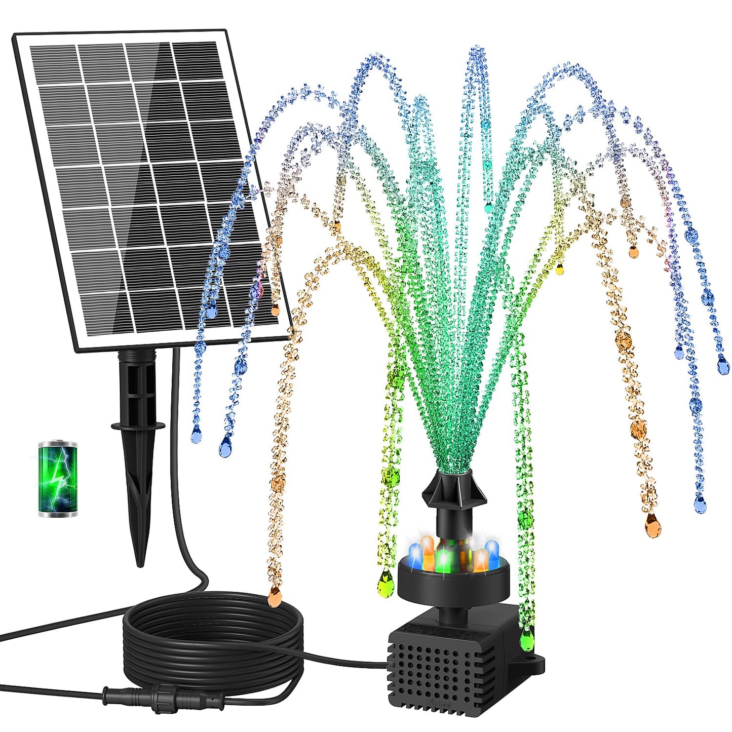 GAIZERL Solar Fountain Pump with Adjust Glass Panel, Upgrade 3.5W Solar Water Pump with Stake, 16.4ft Cable, 2000mAh Battery, Colorful Lights, Solar Powered Fountain Kits for Bird Bath, Hummingbird