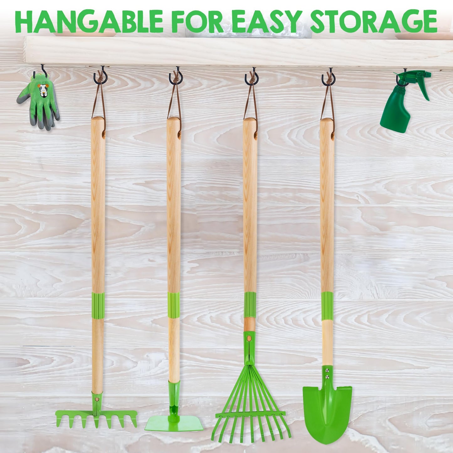Amtreen Kids Gardening Tools Set - 6PCS Detachable Garden Tool Kit with Gloves, Shovel, Rake, Hoe, Leaf Rake & Spray Bottle - Wooden Handles with Hanging Hole, Perfect Outdoor Toy Gift for Ages 3-5